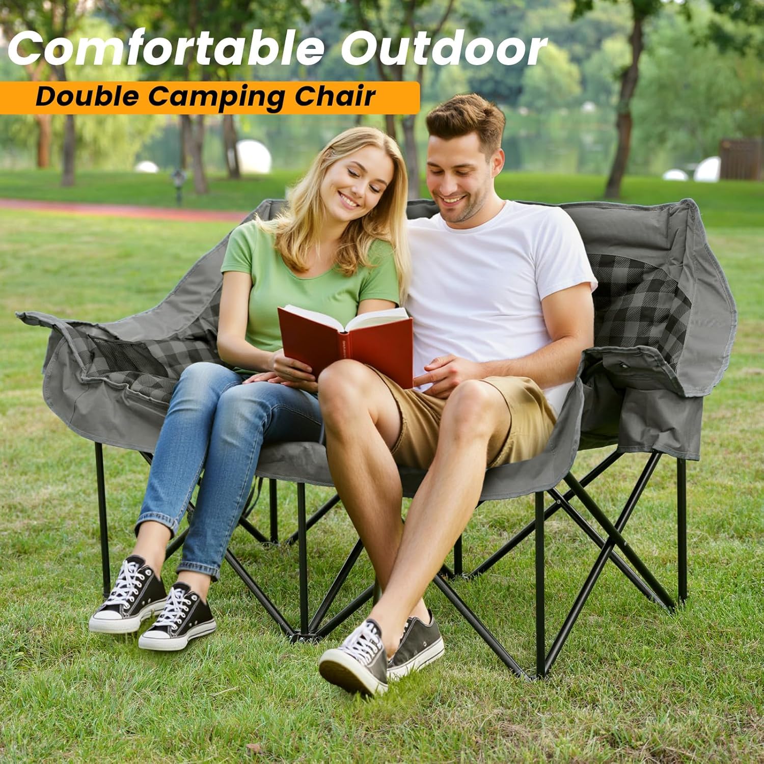Alternative view of QUYUAN Double Seater Camping Chair, Padded Loveseat Chair for 2 Person, Oversized Heavy Duty Folding Camp Chairs, Camping Couch for Soccer Games, Tailgating, RV Travel, Beach Days, Grey Outdoor Sofa