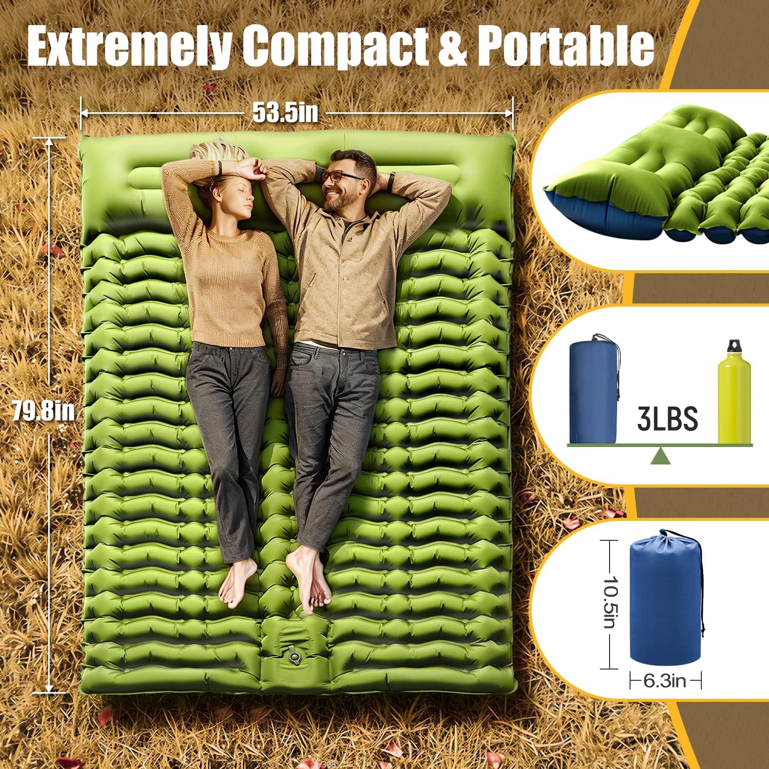 Yuzonc Double Sleeping Pad - Self Inflating 4" Extra-Thick for 2 Person with Pillow Built-in Foot Pump Inflatable Sleeping Mat for Backpacking, Hiking, Traveling, Tent, Portable Camping Mat