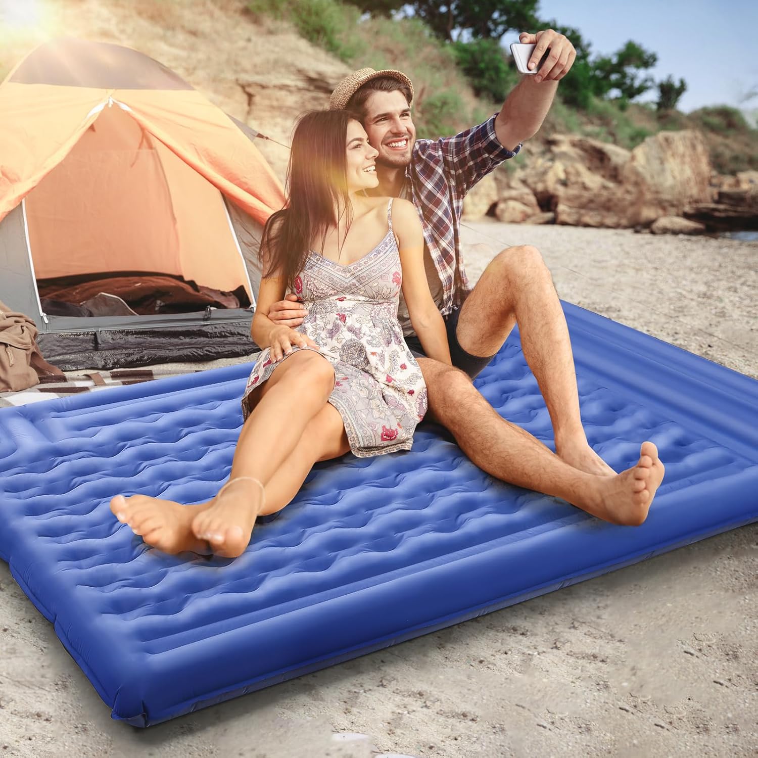 FNARMW Double Sleeping Pad Camping, Self Inflating 6'' Extra-Thick 2 Person Pillow Built-in Foot Pump Waterproof Inflatable Sleeping Mat Backpacking, Tent, Hiking, Portable Camping Pad (Navy Grey)