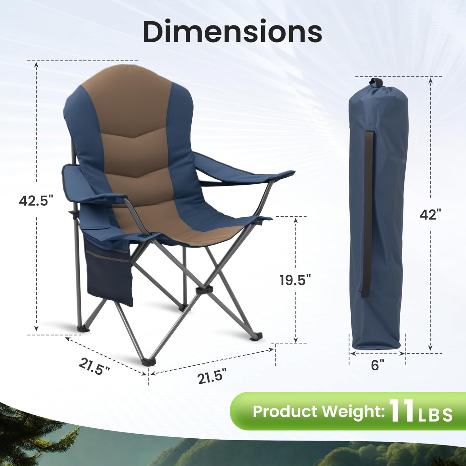 Foristrail 2 Pack Folding Camping Chairs for Adults - High Back Padded Outdoor Lawn Chairs with Lumbar Support & Cup Holder, 400lbs Heavy Duty Portable Camping Chairs Set (Light Blue & Brown, 2 PCS)