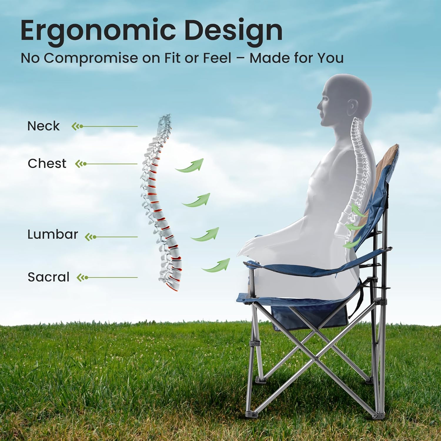 Alternative view of Foristrail 2 Pack Folding Camping Chairs for Adults - High Back Padded Outdoor Lawn Chairs with Lumbar Support & Cup Holder, 400lbs Heavy Duty Portable Camping Chairs Set (Light Blue & Brown, 2 PCS)