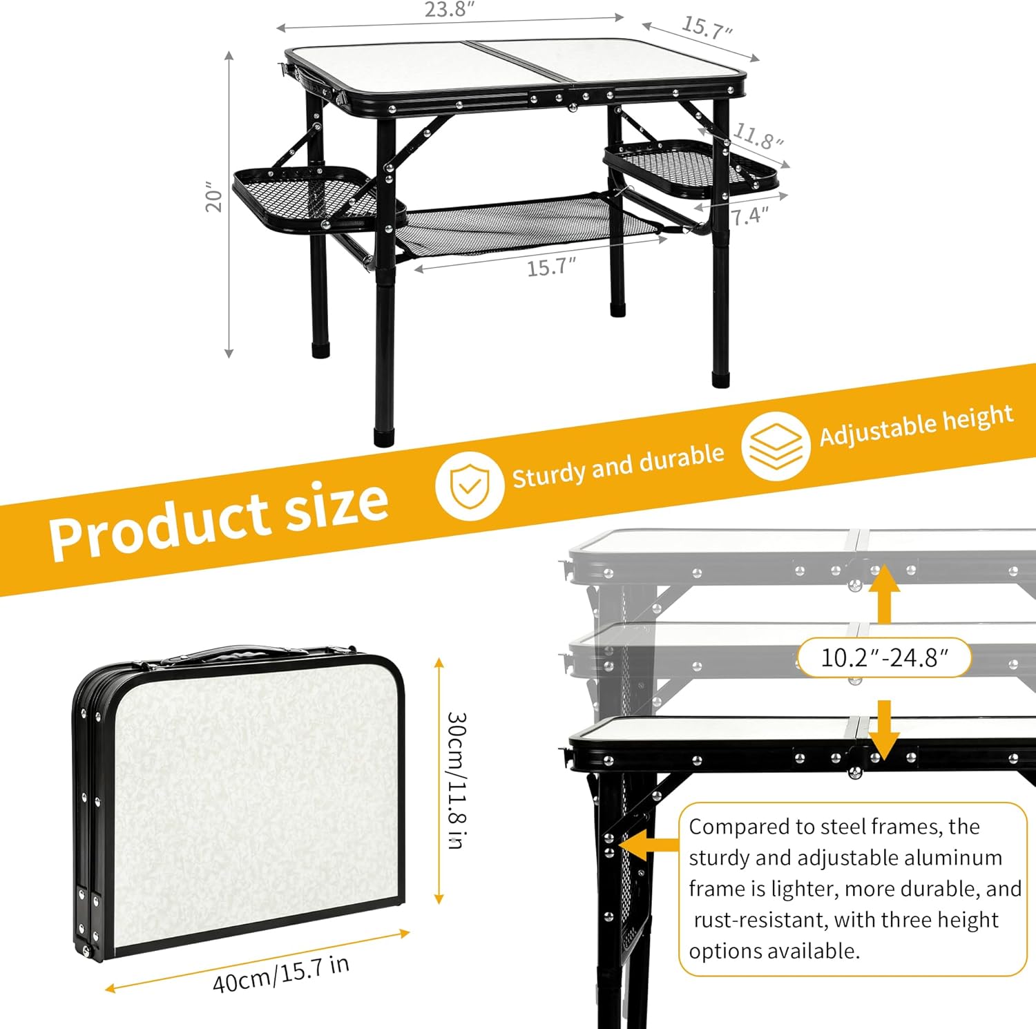 Folding Camping Table Outdoor Indoor Picnic BBQ Aluminum Lightweight Tall Camping Table 3-Height Adjustable 25in Max 50 Extra Space with Carry Handle & Mesh Pocket Small Foldable Table