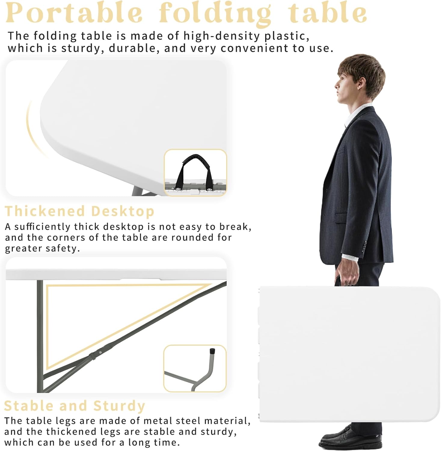 Alternative view of Set of 2 Folding Table 6 FT Lightweight Camping Table Portable Plastic Rectangular Outdoor Dining Table Steel Legs Fold-in-Half with Carrying Handle for Indoor,Picnic,Party,Wedding,Events(White)