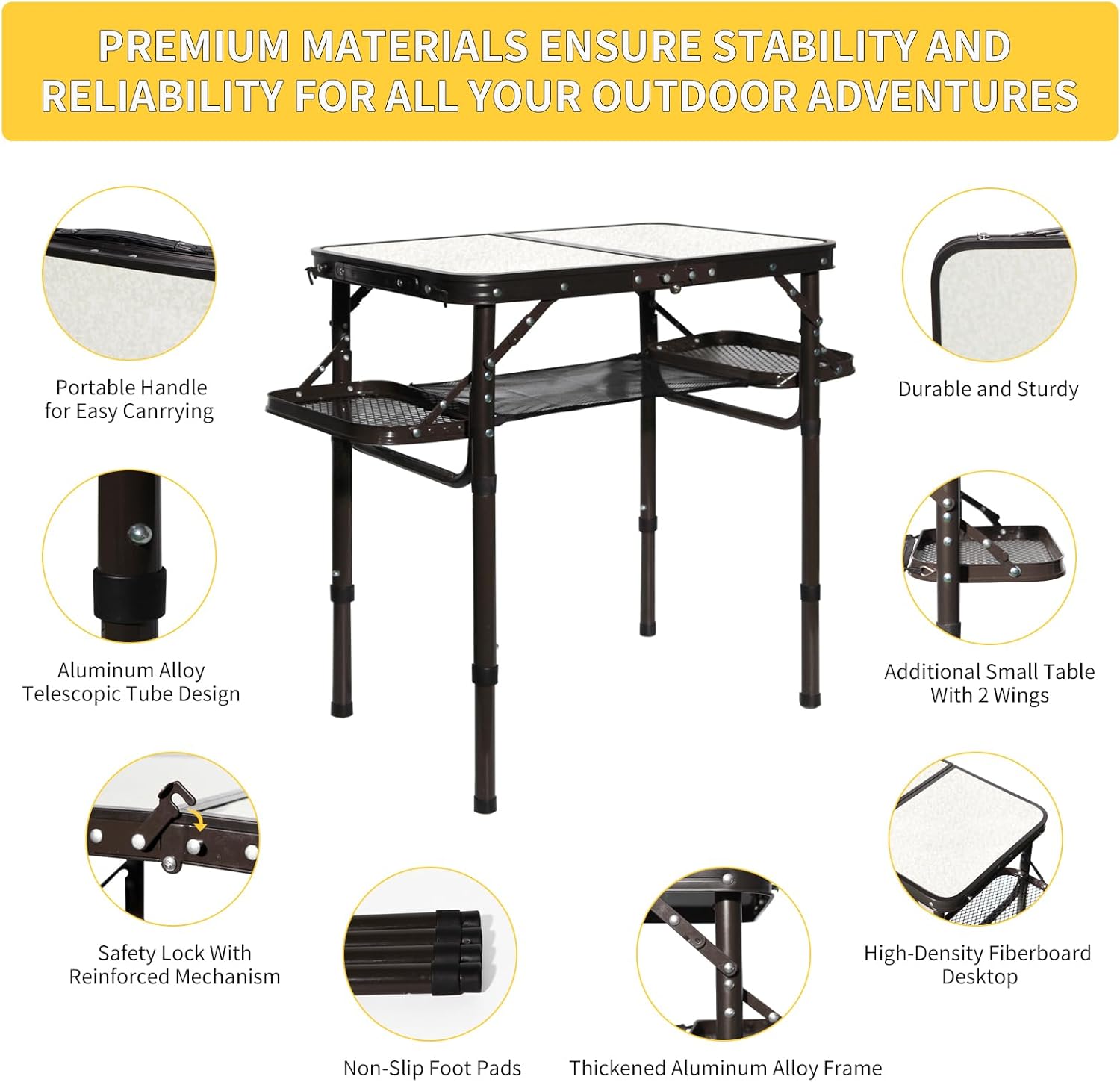 Alternative view of Folding Camping Table Outdoor Indoor Picnic BBQ Aluminum Lightweight Tall Camping Table 3-Height Adjustable 25in Max 50 Extra Space with Carry Handle & Mesh Pocket Small Foldable Table
