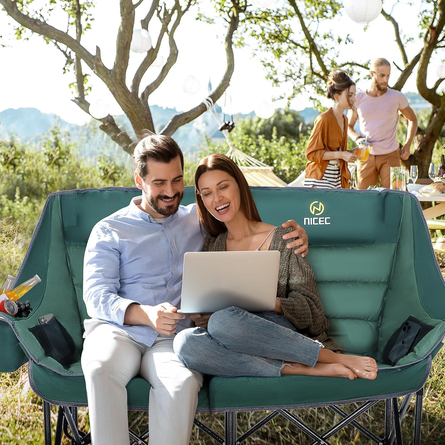 Nice C Double Padded Camping Chair, Oversized Loveseat Camping Chair, Outdoor Camping Couch for Adults, Lawn Chairs, Extra Padded, with Cup Holder, Cooler Bag, Bottle Opener (Green)