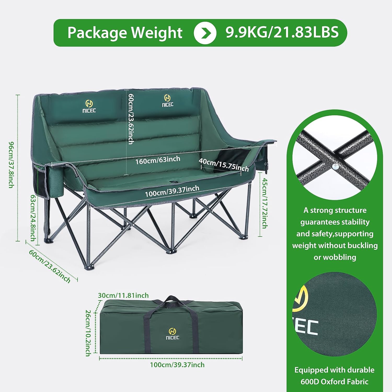 Alternative view of Nice C Double Padded Camping Chair, Oversized Loveseat Camping Chair, Outdoor Camping Couch for Adults, Lawn Chairs, Extra Padded, with Cup Holder, Cooler Bag, Bottle Opener (Green)