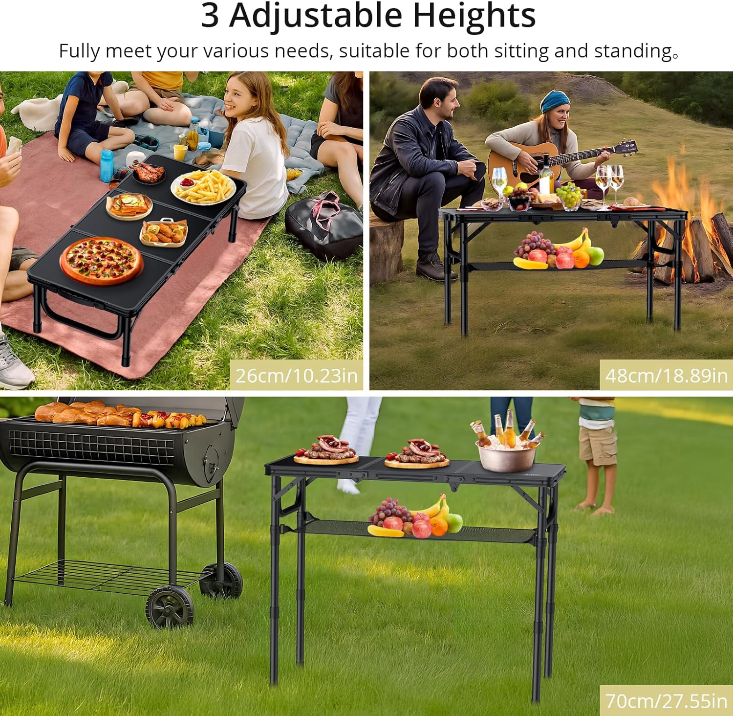 Alternative view of Anbte Folding Camping Table with Storage Net, 3ft Camping Table Aluminum Folding Table with 3 Adjustable Height Max 27.5 Inch Picnic Table Portable Table for Outdoor Backyard BBQ, Pure Black