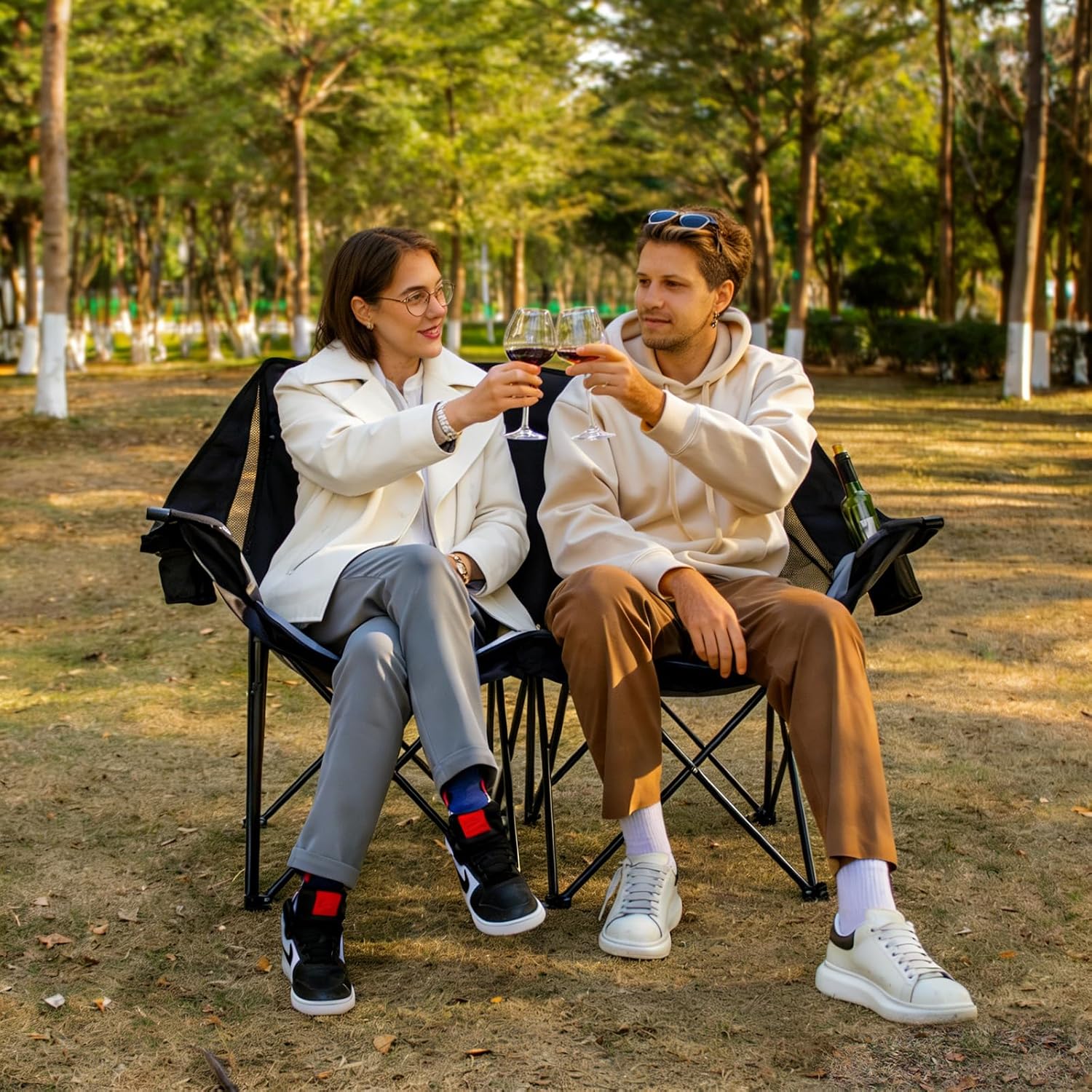 Leadpro Double Camping Chair for Adults - Heavy Duty 700LB Oversized Padded Camping Loveseat, 2 Person Folding Outdoor Chair with Cup Holders for Lawn, Backyard (Grey)