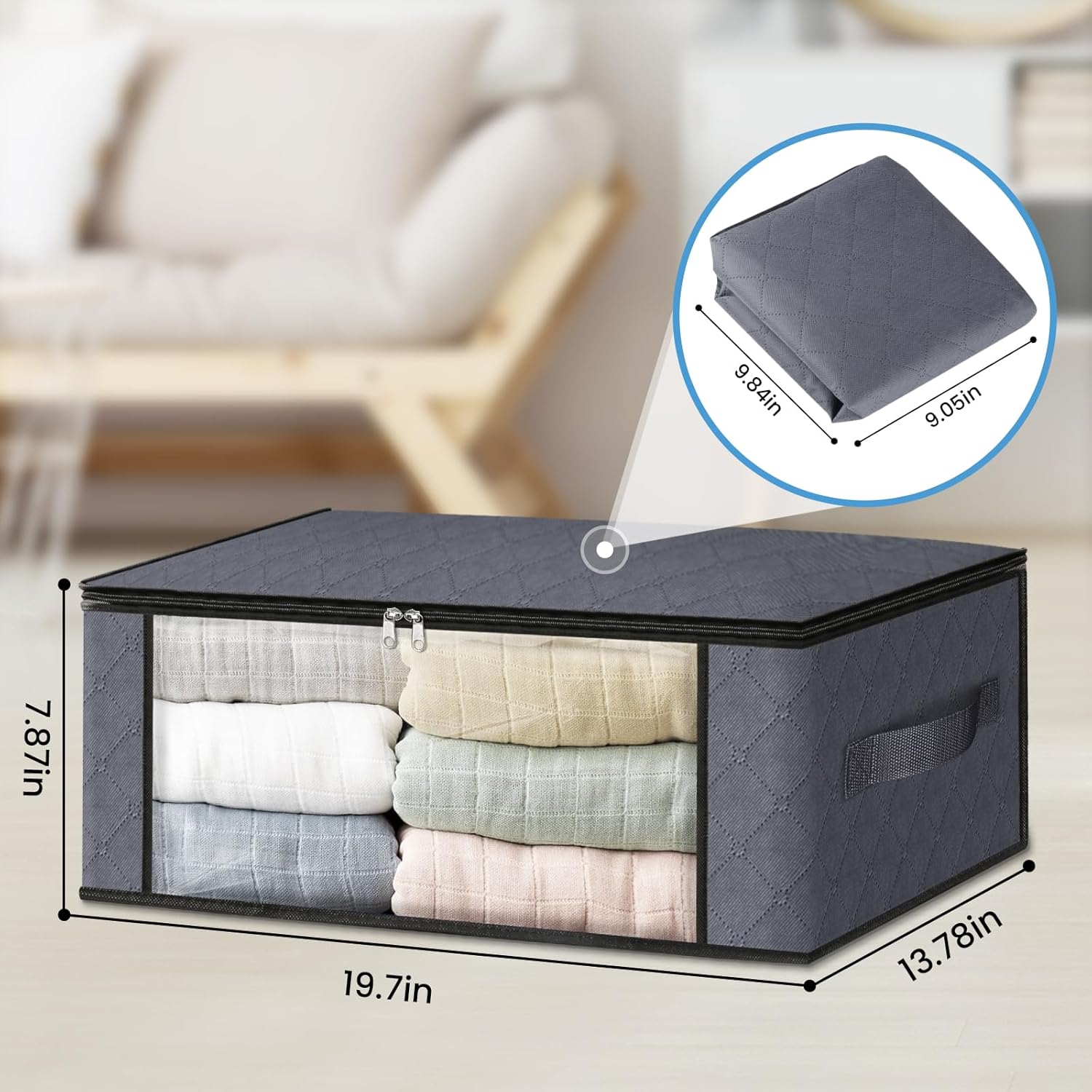 Alternative view of HomeHacks Storage 3-Pack Clothes Organizer Storage Bags Foldable Storage Box with Large Clear Window Sturdy Handles for Closet, Dorm, Pillows, Bedding, Clothes, Blankets, 35L, Gray