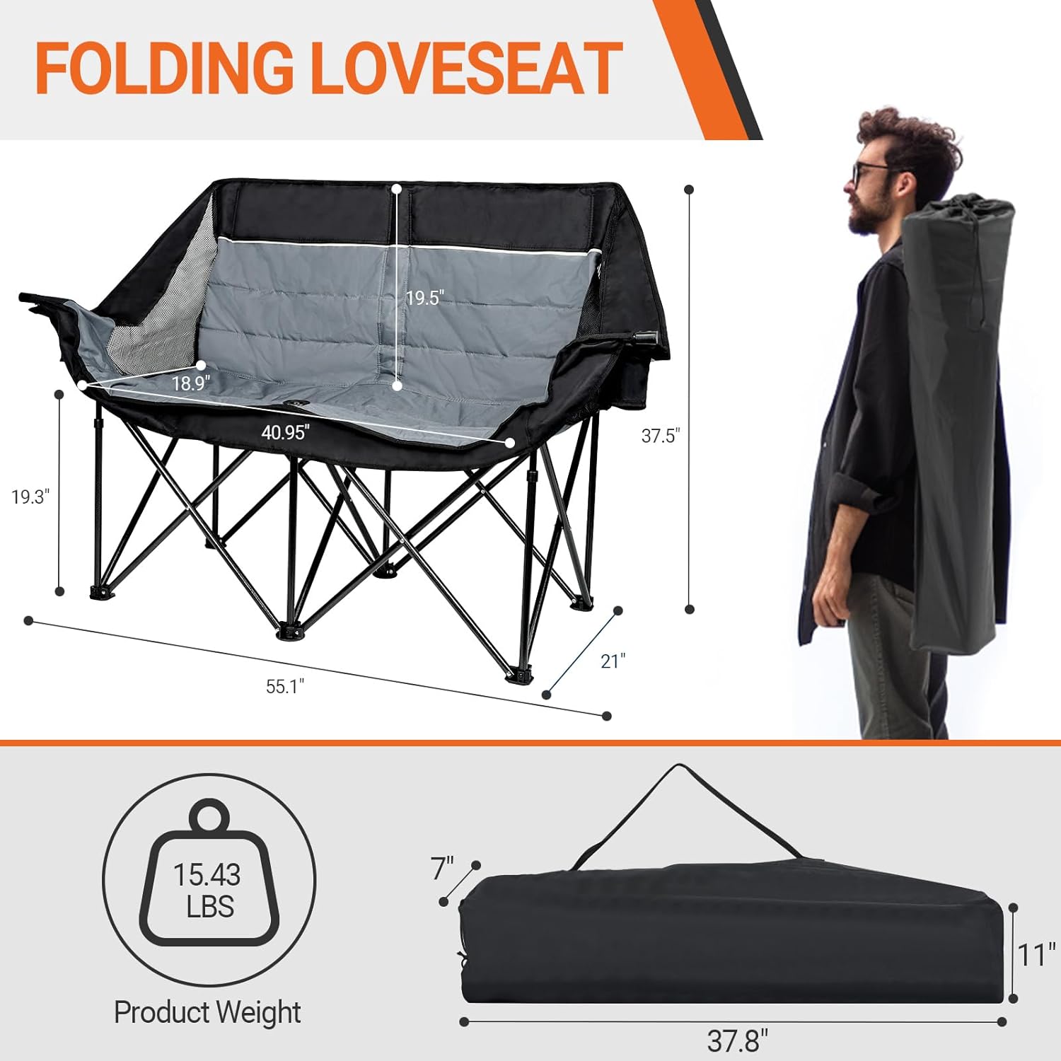 Alternative view of Leadpro Double Camping Chair for Adults - Heavy Duty 700LB Oversized Padded Camping Loveseat, 2 Person Folding Outdoor Chair with Cup Holders for Lawn, Backyard (Grey)