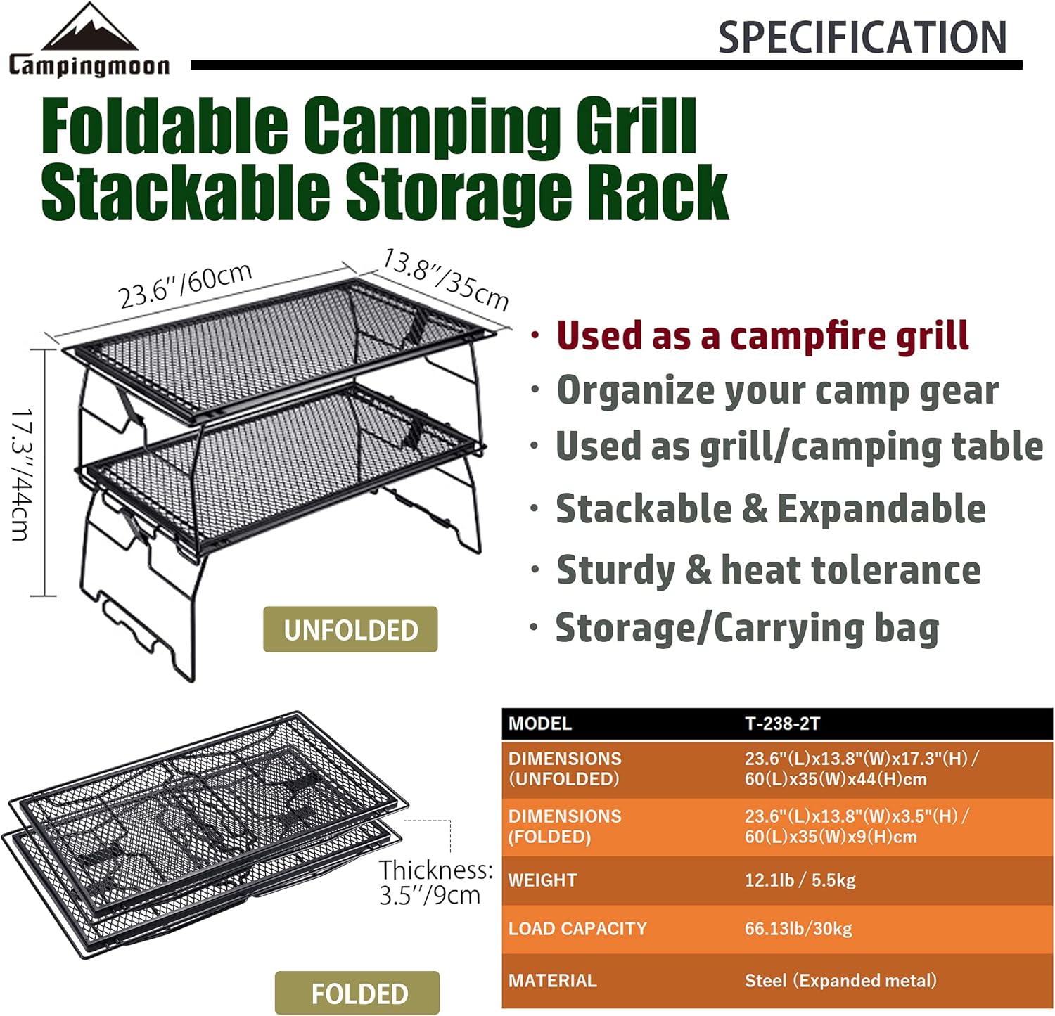 Alternative view of CAMPINGMOON 2pcs Campfire Grill Storage Rack Camping Grill Steel Foldable Stackable T-238