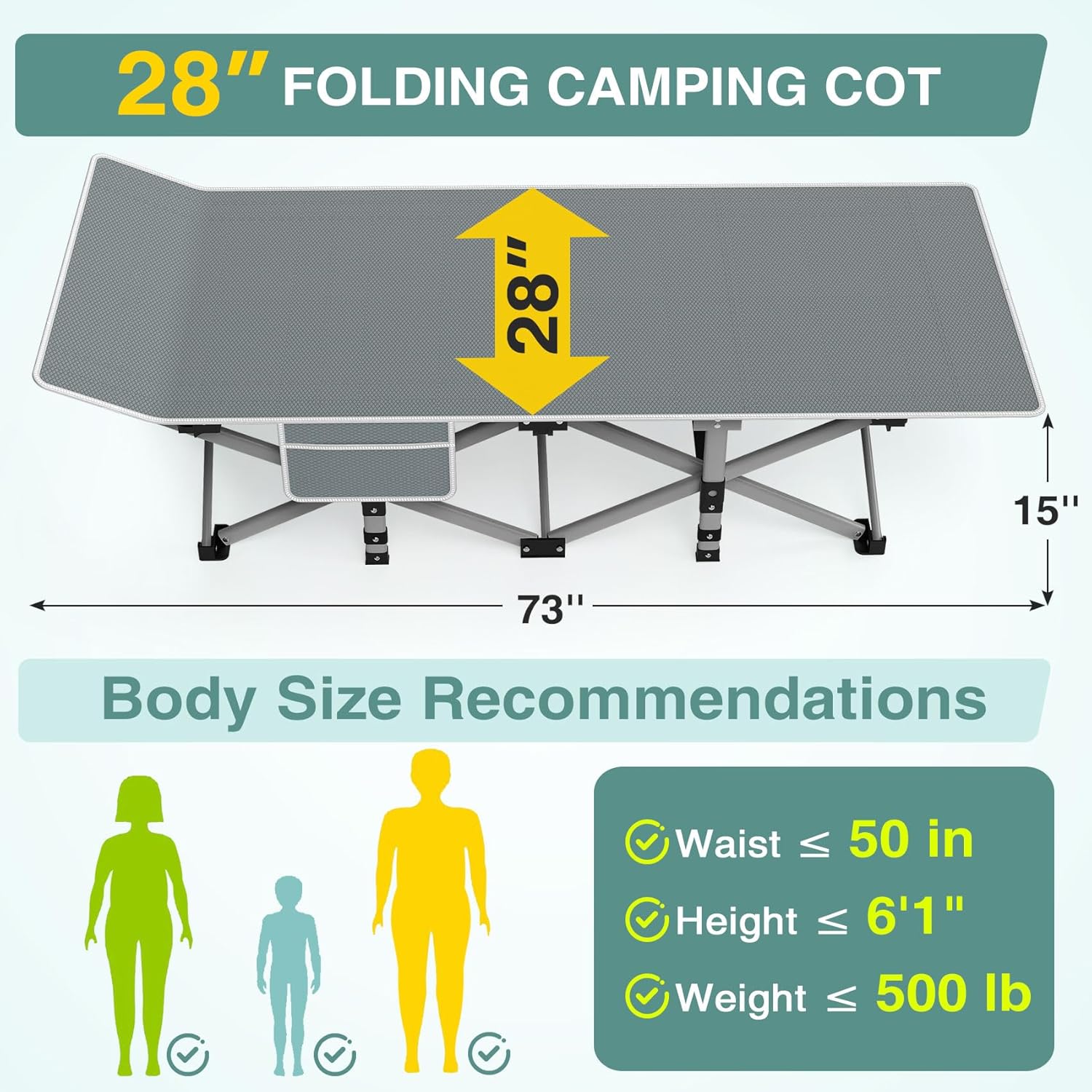 ZENPETIO Camping Cot for Adults, Heavy-Duty Portable Cot Bed with Mattress, Foldable Padded Sleeping Cots for Camping Travel Tent Day Bed Outdoor & Home Guest, Max Load 500 LBS, 75x28x15u201D