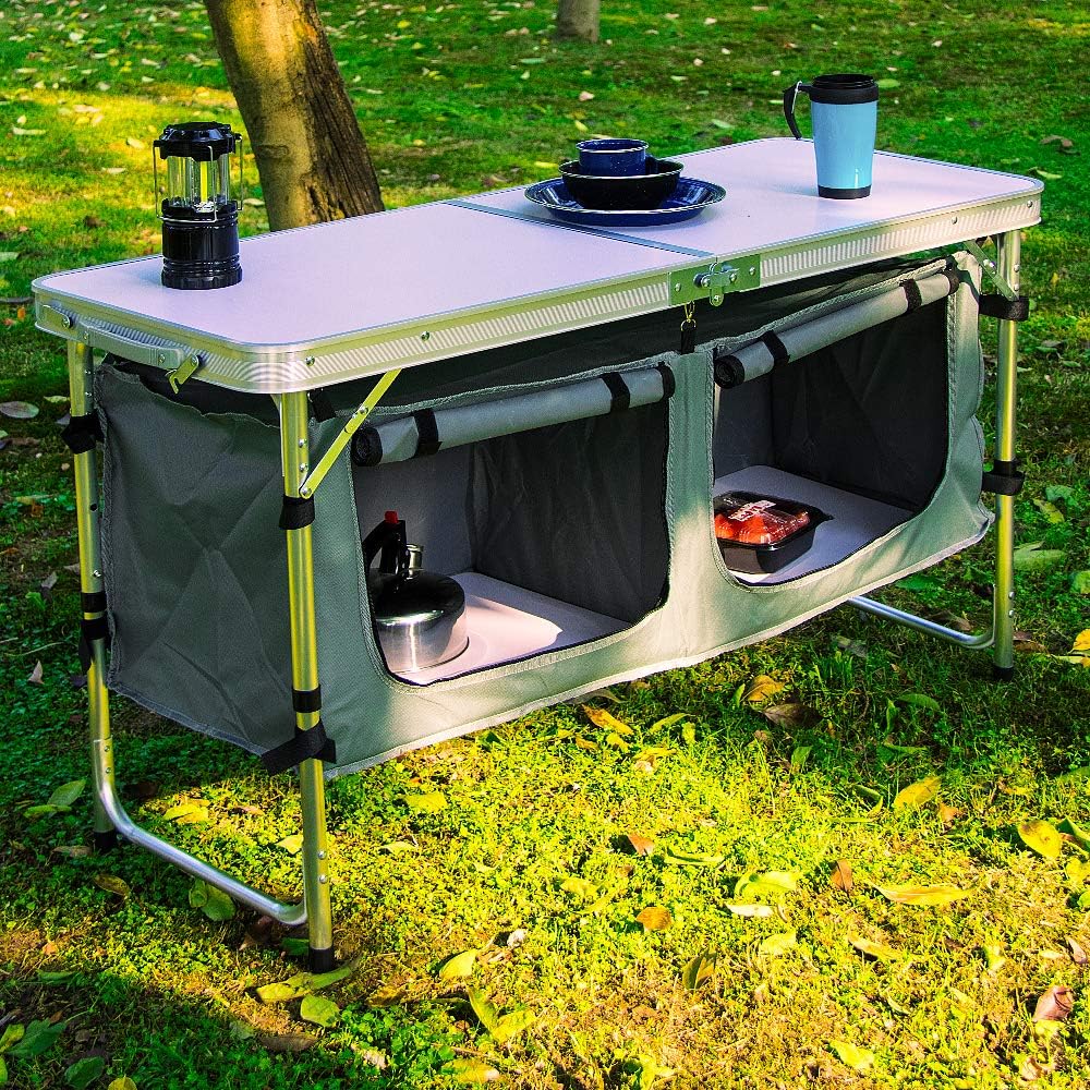 CampLand Outdoor Folding Table Aluminum Lightweight Height Adjustable with Storage Organizer for BBQ, Party, Camping