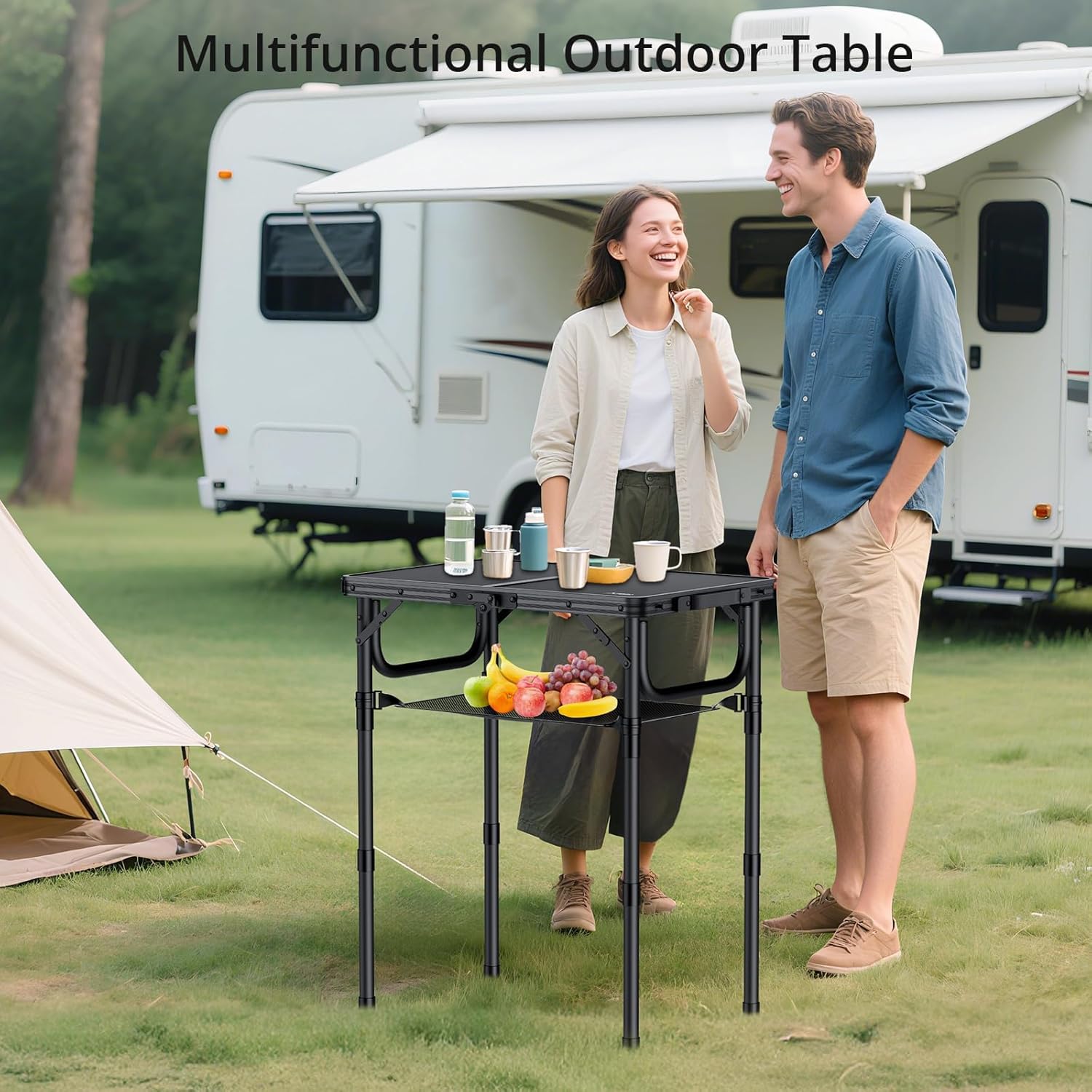 Anbte Folding Camping Table with Storage Net, Pure Black Aluminum 2ft Picnic Table 23.2" x 16" Outdoor Table Adjustable Height Max 27.5", Lightweight, Waterproof, Portable Handle for Travel Cooking