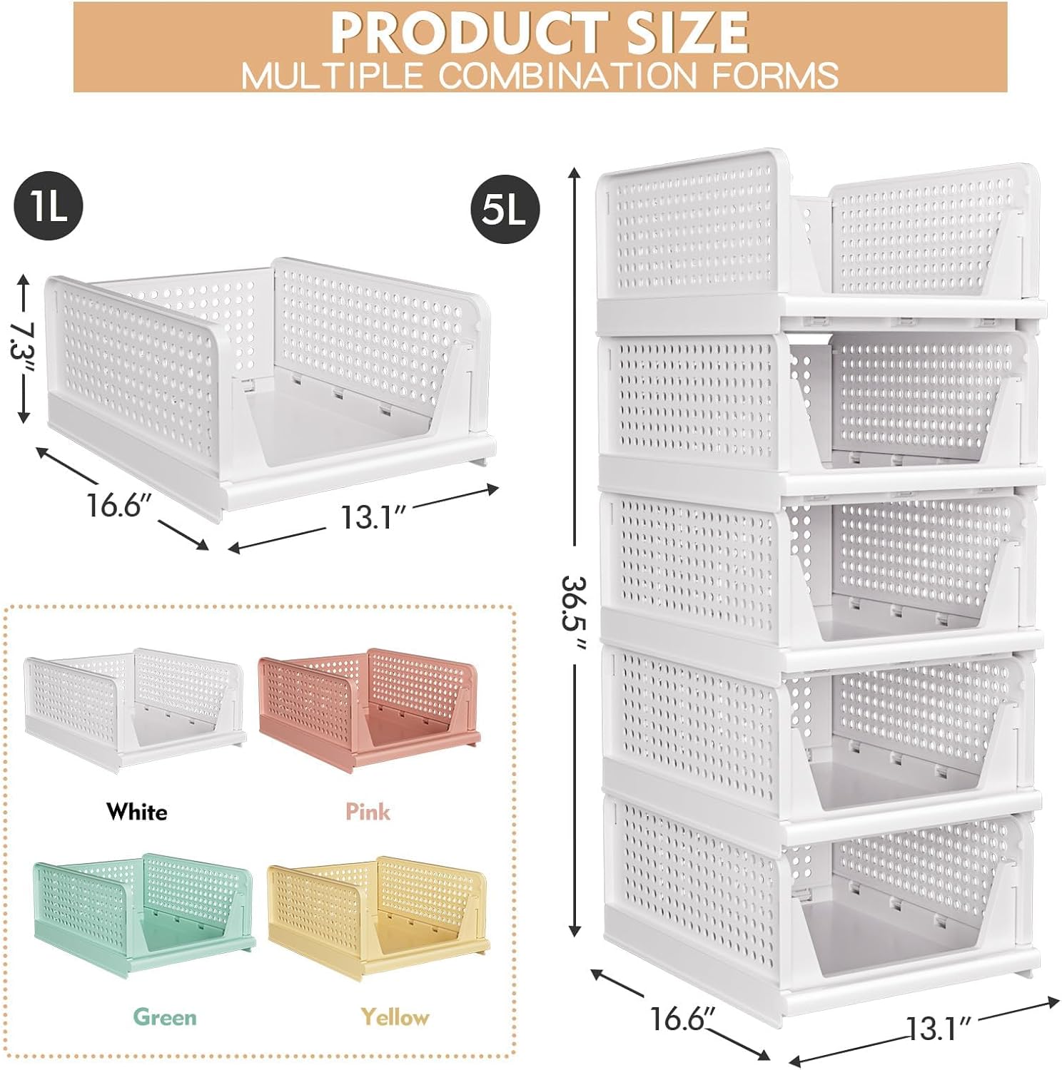 Alternative view of 5 Pack Stackable Closet Storage Basket - Stackable Storage Bins, Multifunctional & Foldable Closet Organizer Waterproof, Wardrobe Cupboard Space-Saving Hat Storage Drawer Organizer, White