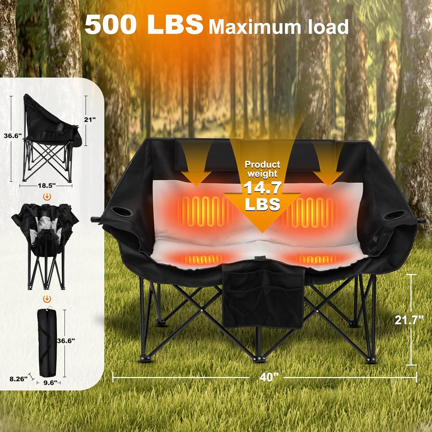 Sobalai Heated Double Camping Chair with 2 20000mAh Battery Pack, 2 Control Switches 2-Person Loveseat, 550 lbs for Outdoor Sports, Picnics, Rugby Match, Lawn. Make Your Autumn and Winter Warmer