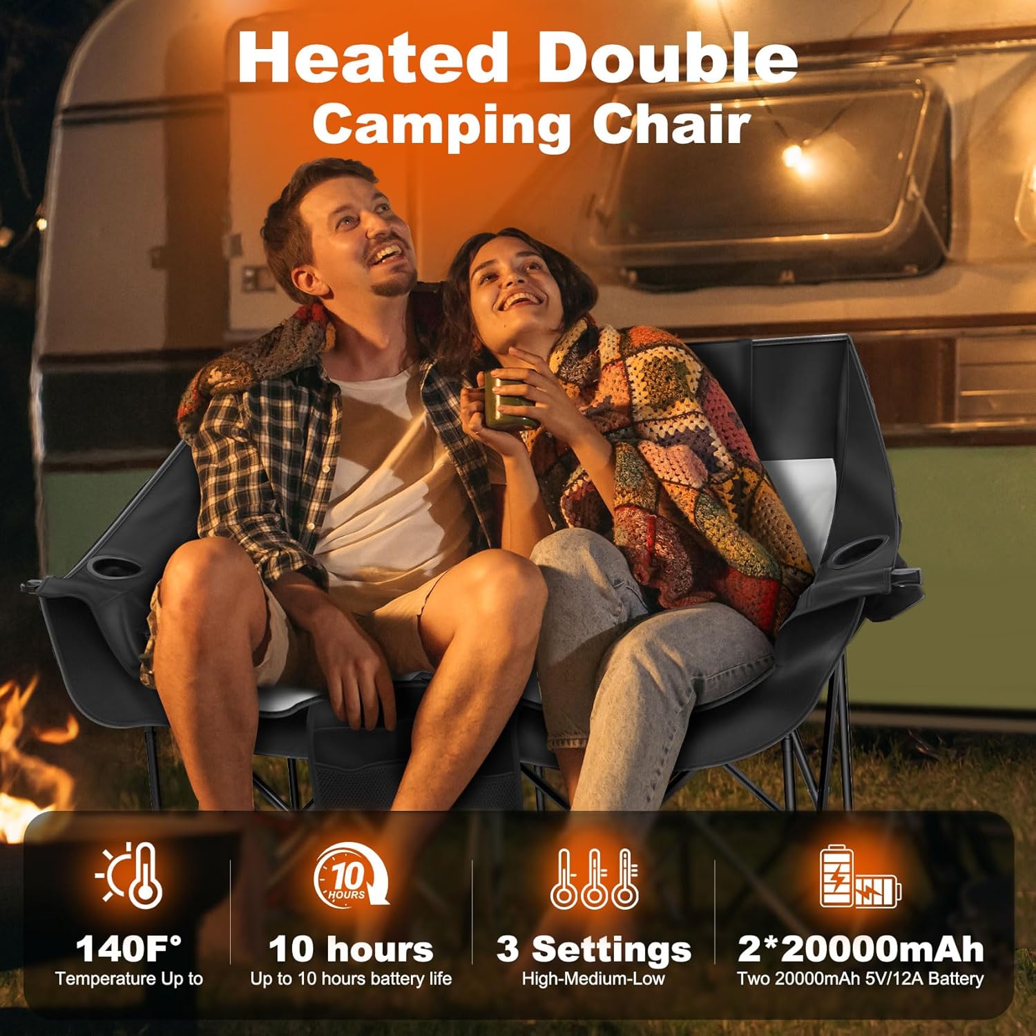 Alternative view of Sobalai Heated Double Camping Chair with 2 20000mAh Battery Pack, 2 Control Switches 2-Person Loveseat, 550 lbs for Outdoor Sports, Picnics, Rugby Match, Lawn. Make Your Autumn and Winter Warmer
