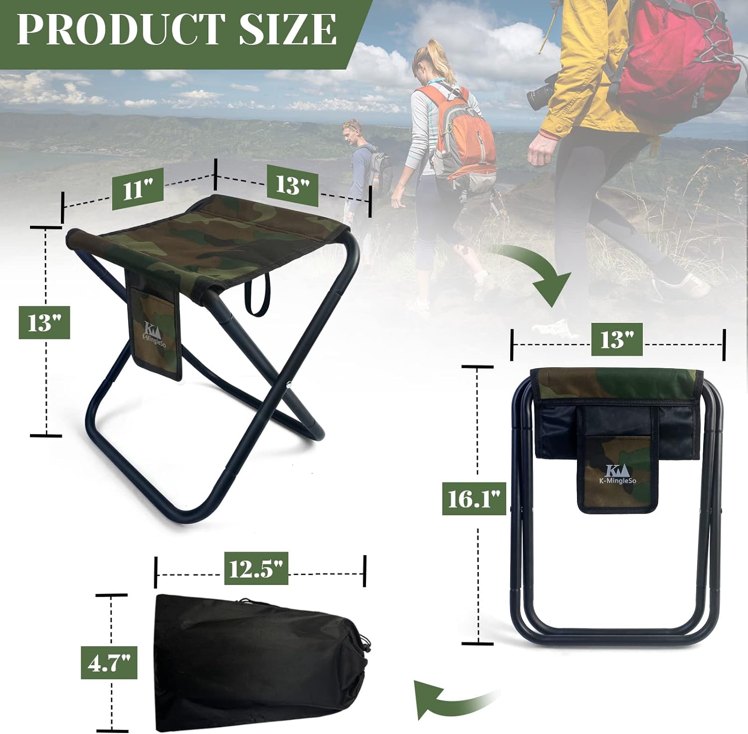 Alternative view of K-MingleSo Upgraded Portable Folding Stool, 13 Inch Camping Stool for Adults Fishing Hiking Gardening and Beach with Carry Bag, Hold Up to 450lbs[Camo]