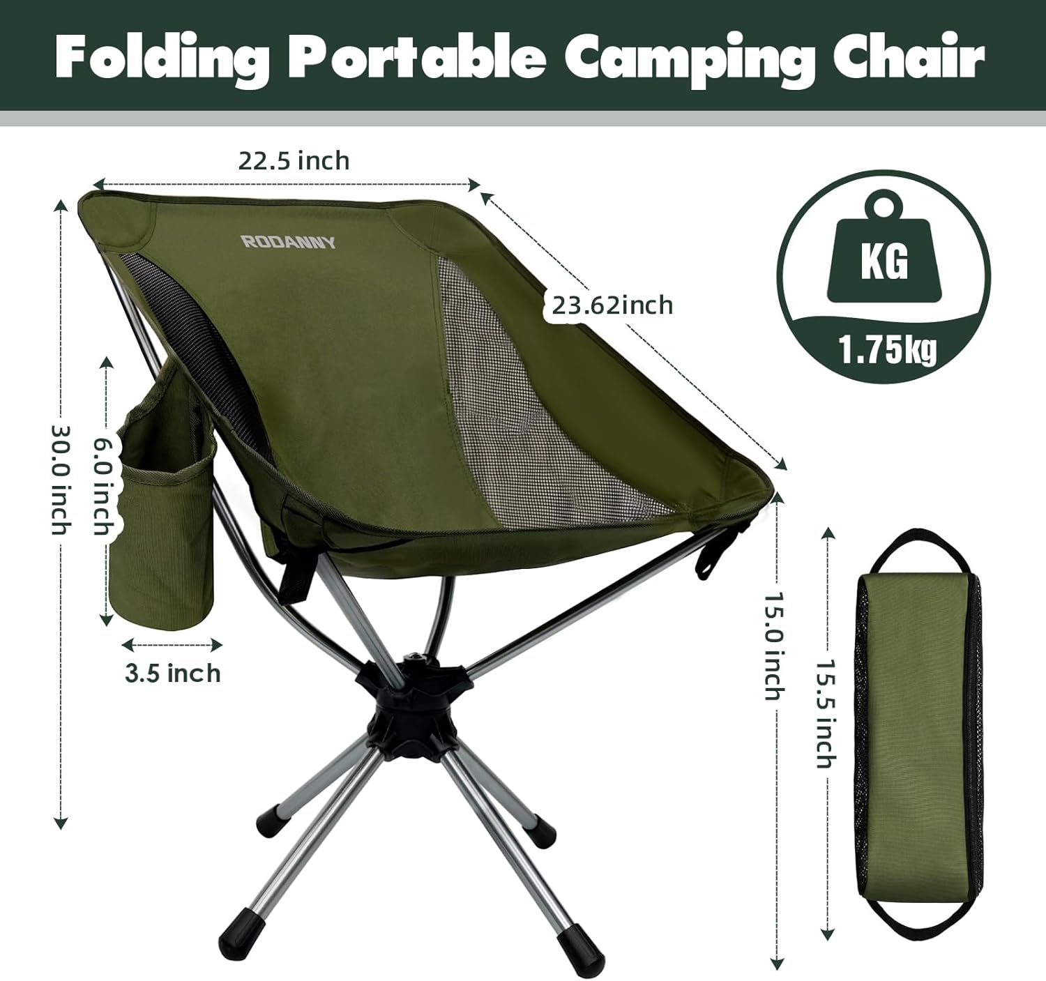 RODANNY Camping Chairs, 360° Degree Swivel Folding Chairs,Portabl Outdoor Chairs for Travel Hiking Fishing lawns Picnic Hunting,Support 305 LBS,Lghtweight,Green