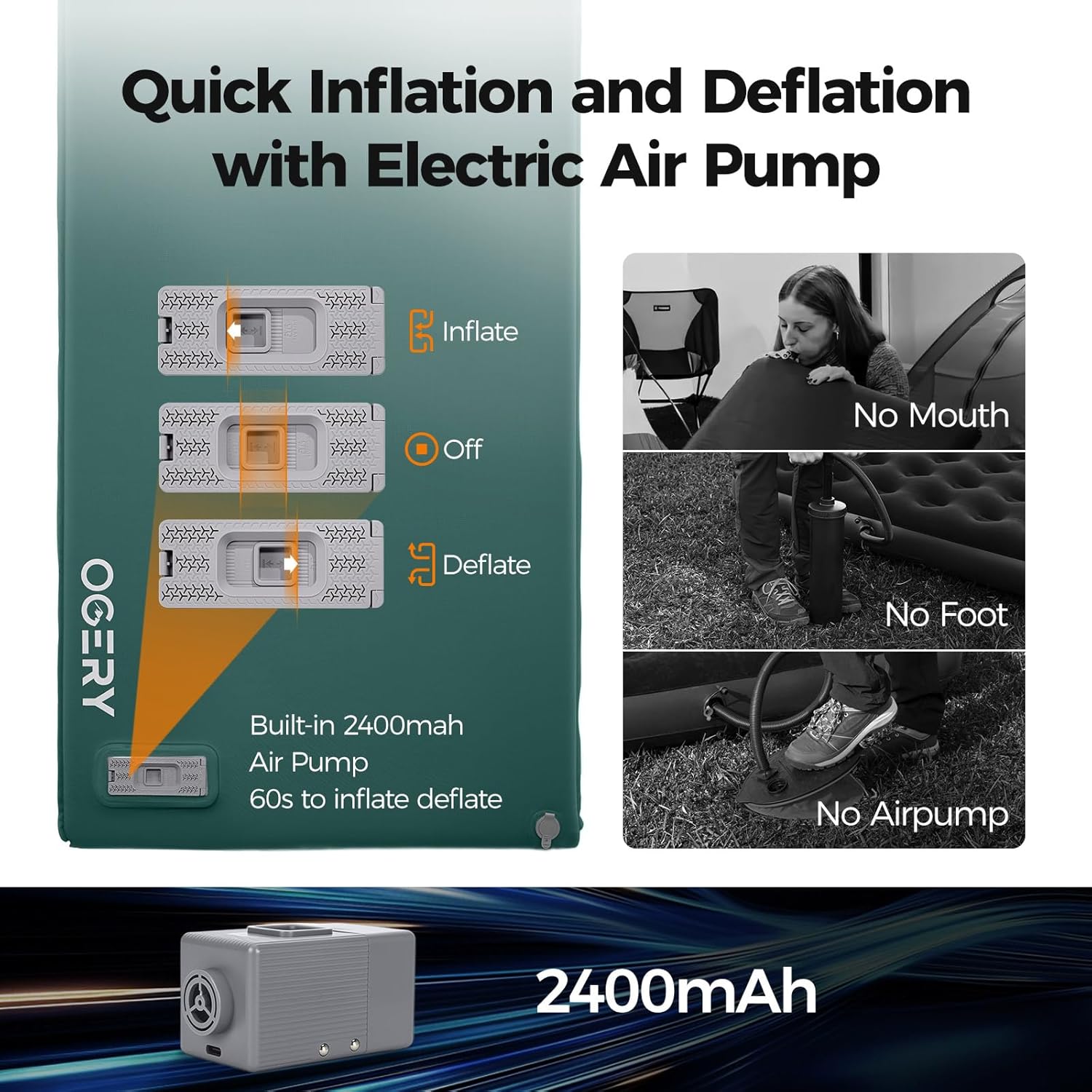 Alternative view of OGERY Self Inflating Sleeping Pad with Electric Pump, 3.15" Ultra-Thick Memory Foam Camping Pad, 4 Season Camping Mattress Pad with Built-in Pillow, Camping Essentials Gear for Tent Travel Car