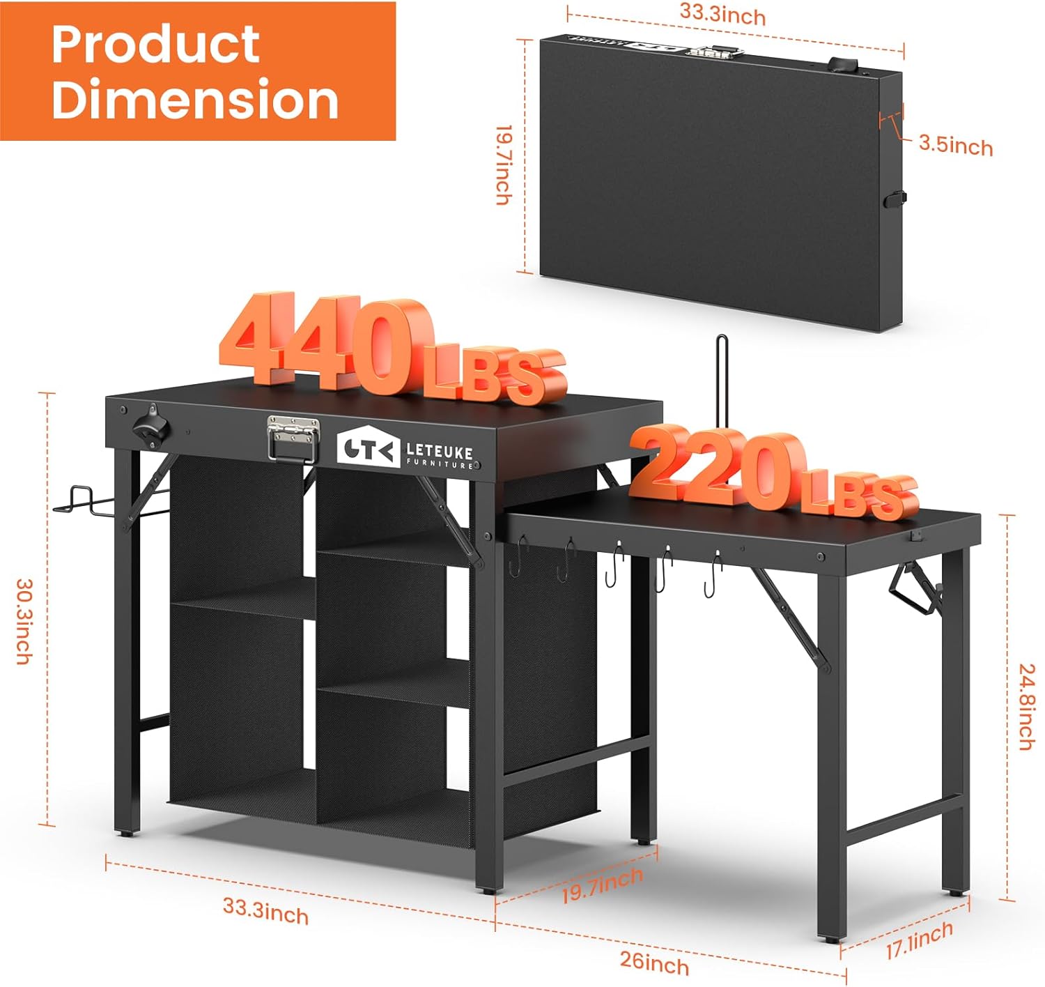 Leteuke Grill Table for Blackstone Griddle, Portable Foldable Grill Table with Storage Fits Ninja, Blackstone Griddle Stand for Outdoor Camping, Picnic, Garden, Patio, Dining, BBQ, Party