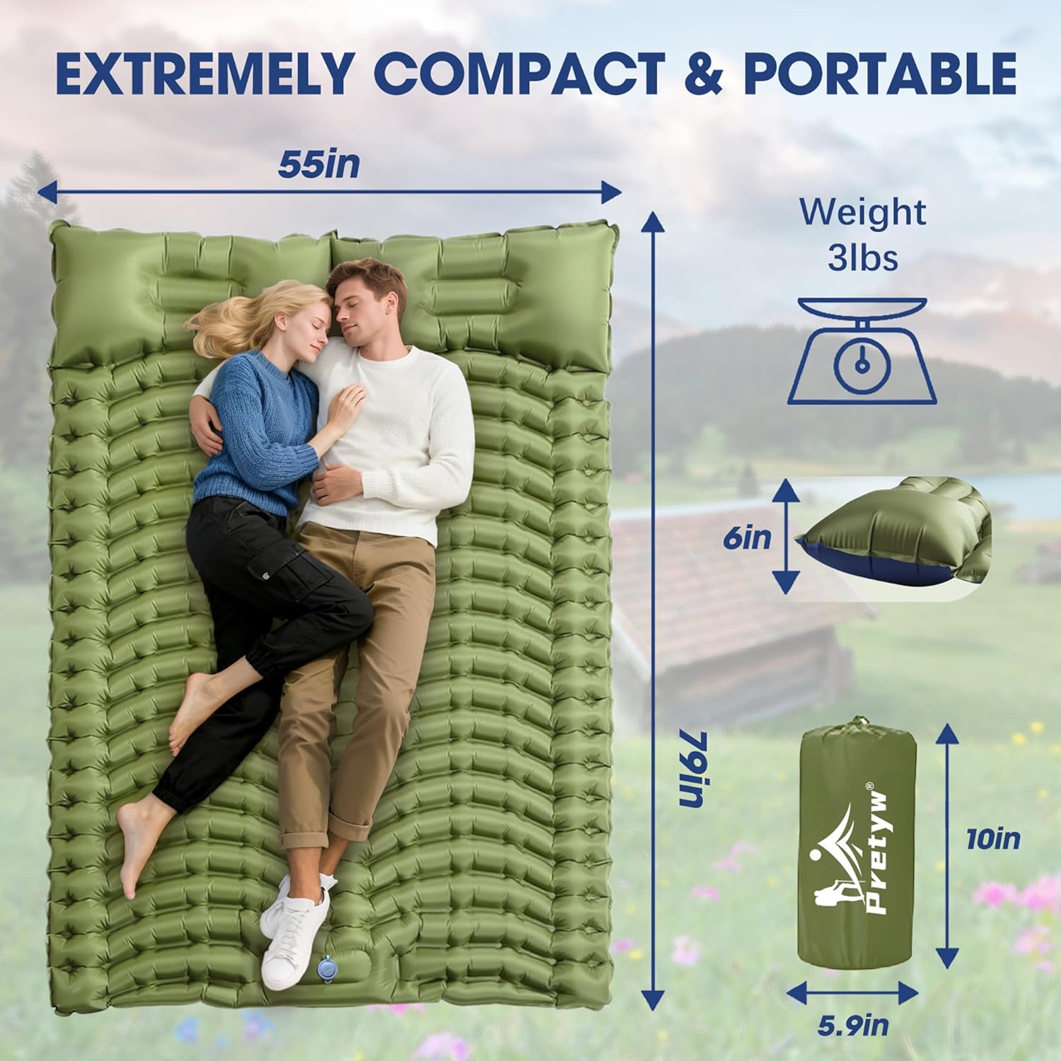 Pretyw Double Sleeping Pad for Camping - Ultralight Camping Mattress with Pillow, Built-in Foot Pump, Compact Inflatable 2-Person Portable Mat for Backpacking, Hiking, Car Traveling, Beach, Tent