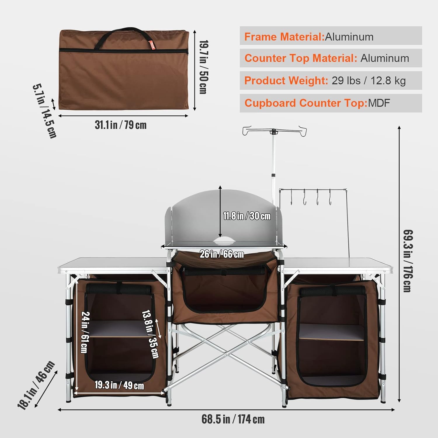 Alternative view of VEVOR Camping Kitchen Table, Folding Outdoor Cooking Table with Storage Carrying Bag, Aluminum Cook Station 3 Cupboard & Detachable Windscreen, Quick Set-up for Picnics, BBQ, RV Traveling, Brown