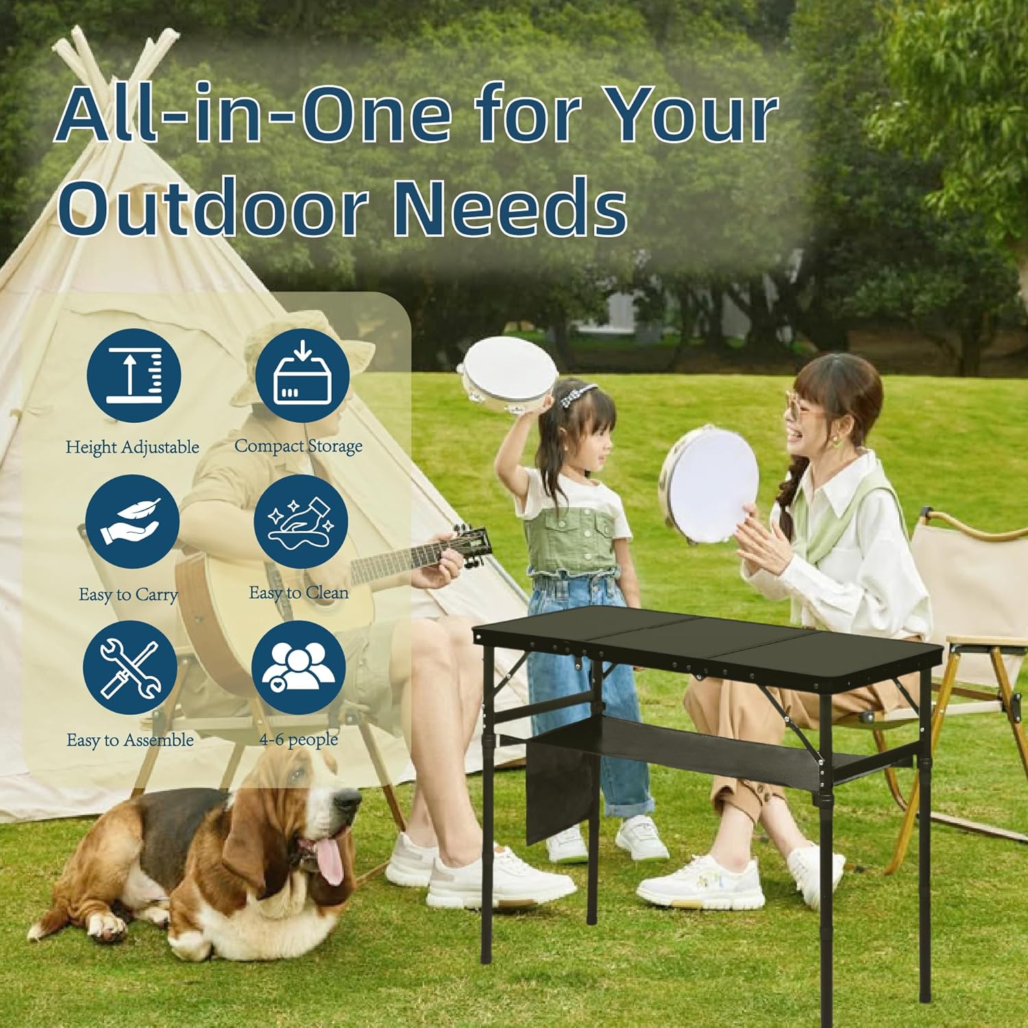 Alternative view of LOFTEY Folding Camping Table with 3 Adjustable Height, 3ft Foldable Aluminum Camp Table, Lightweight with Storage Bag, Portable for Outdoor, BBQ, Hiking, 34.2" x 15.7" x 27.5", Black