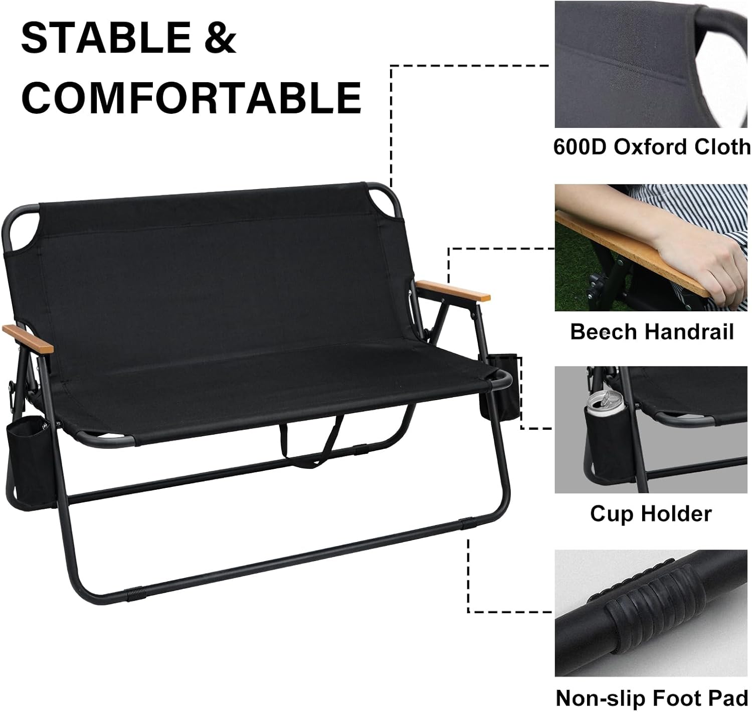 Alternative view of ptlsy 2 Person Camping Chair Oversized Loveseat Camping Chair with Seat Cushion Double Camping Chairs for Adults Heavy Duty Camping Couch Black Outdoor Folding Chair Portable Patio Lawn Chair