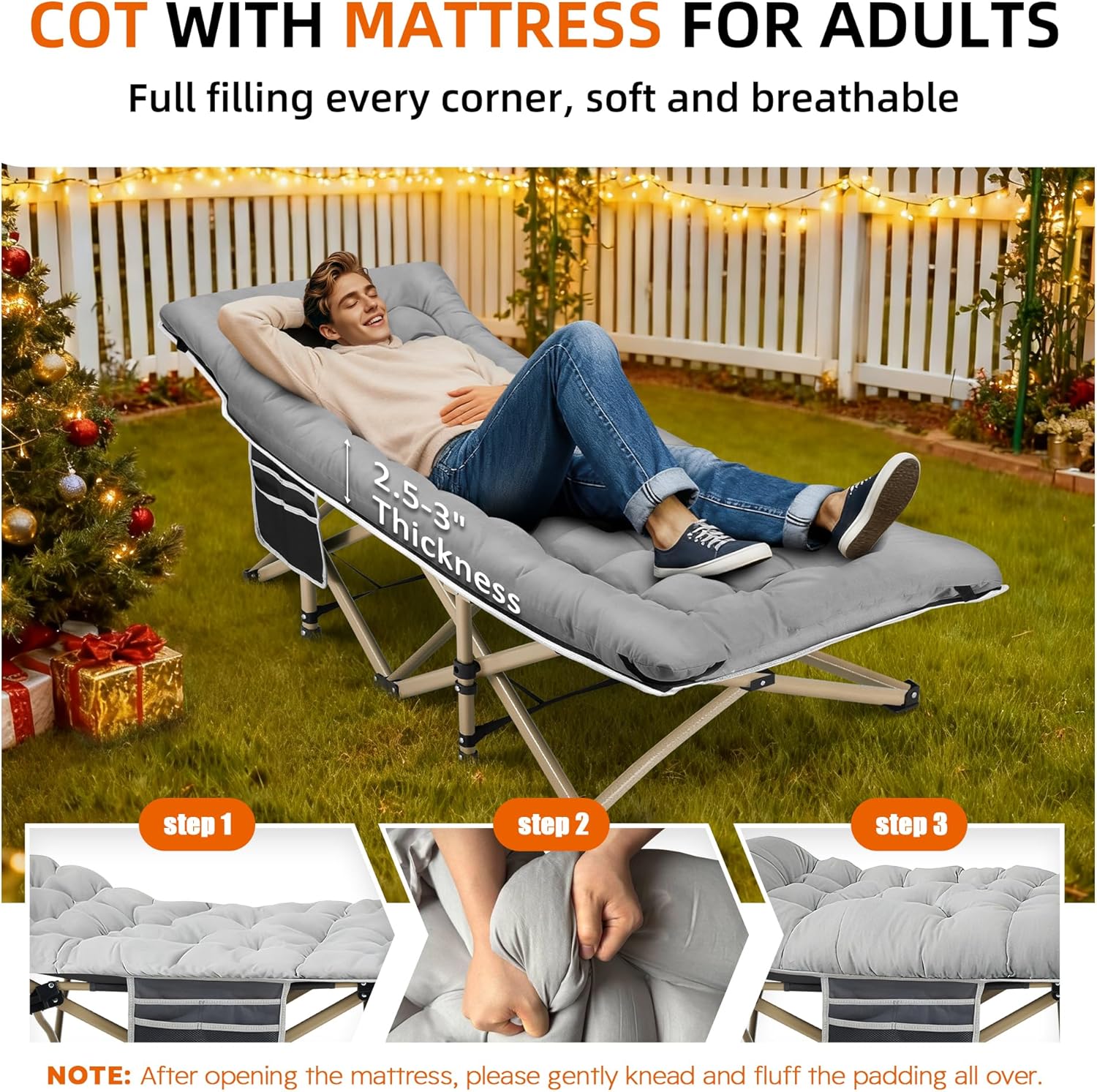 Alternative view of Fragess Portable Camping Cot, 600LBS Max Load, Extra Wide with Thick Mattress, Folding Cot for Outdoor Camping/Office, Home Nap (Grey)