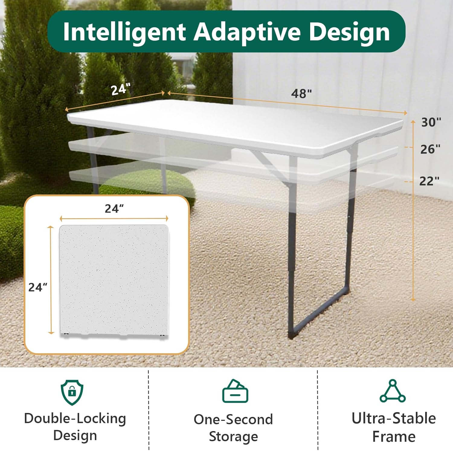 FurniEdge 4ft Folding Table with Adjustable Height, Heavy Duty Fold-in-Half Plastic Table with Steel Legs, Portable for Indoor, Outdoor, Picnic, Camping, Dining, Party, White
