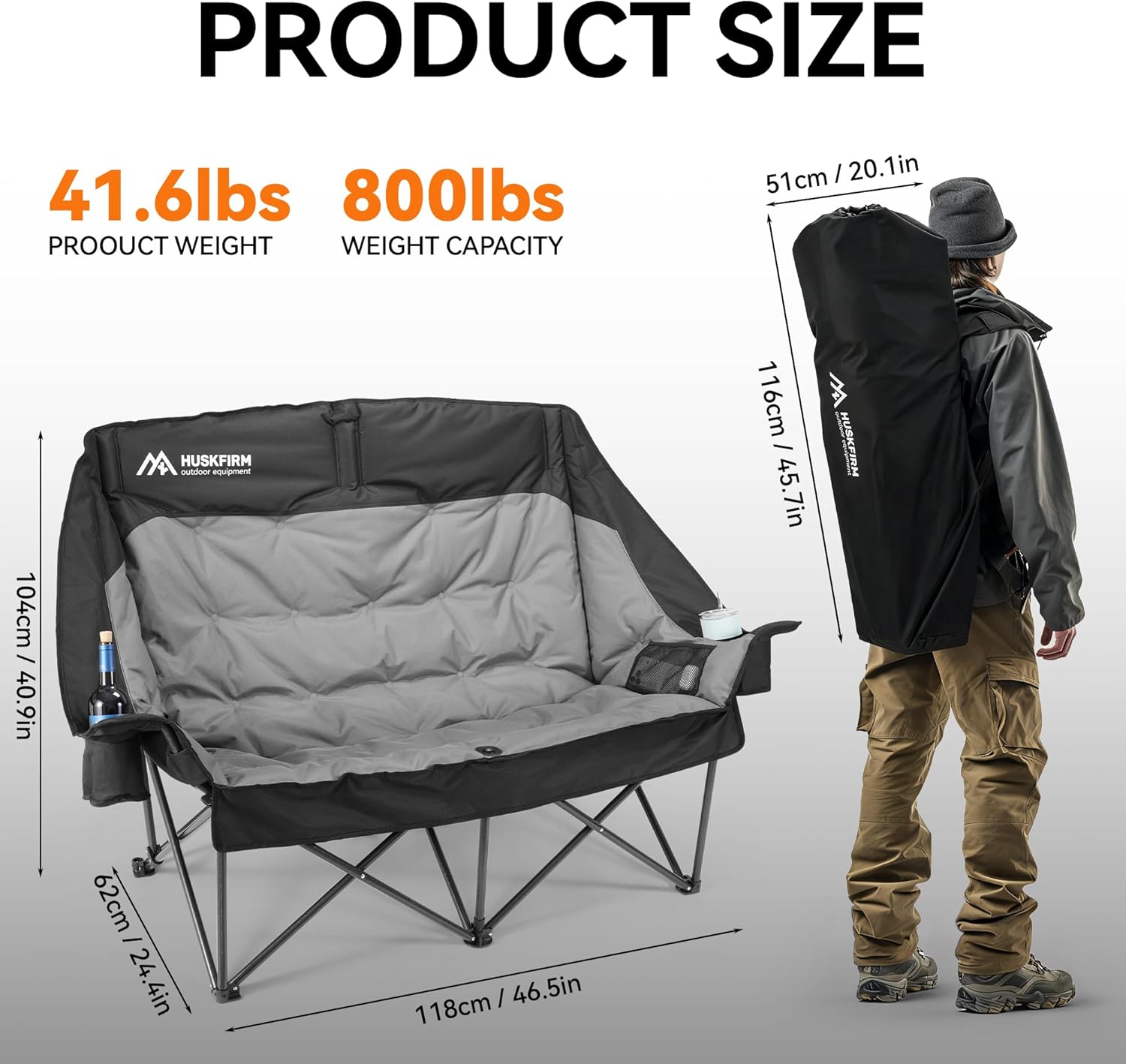 Huskfirm High Back Double Camping Chair 2 Person Camping Chair Low Seat Loveseat Camping Chair Fully Padded Oversized Camping Couch for Adults - Supports 650 LBS with Cup Holders Carry Bag
