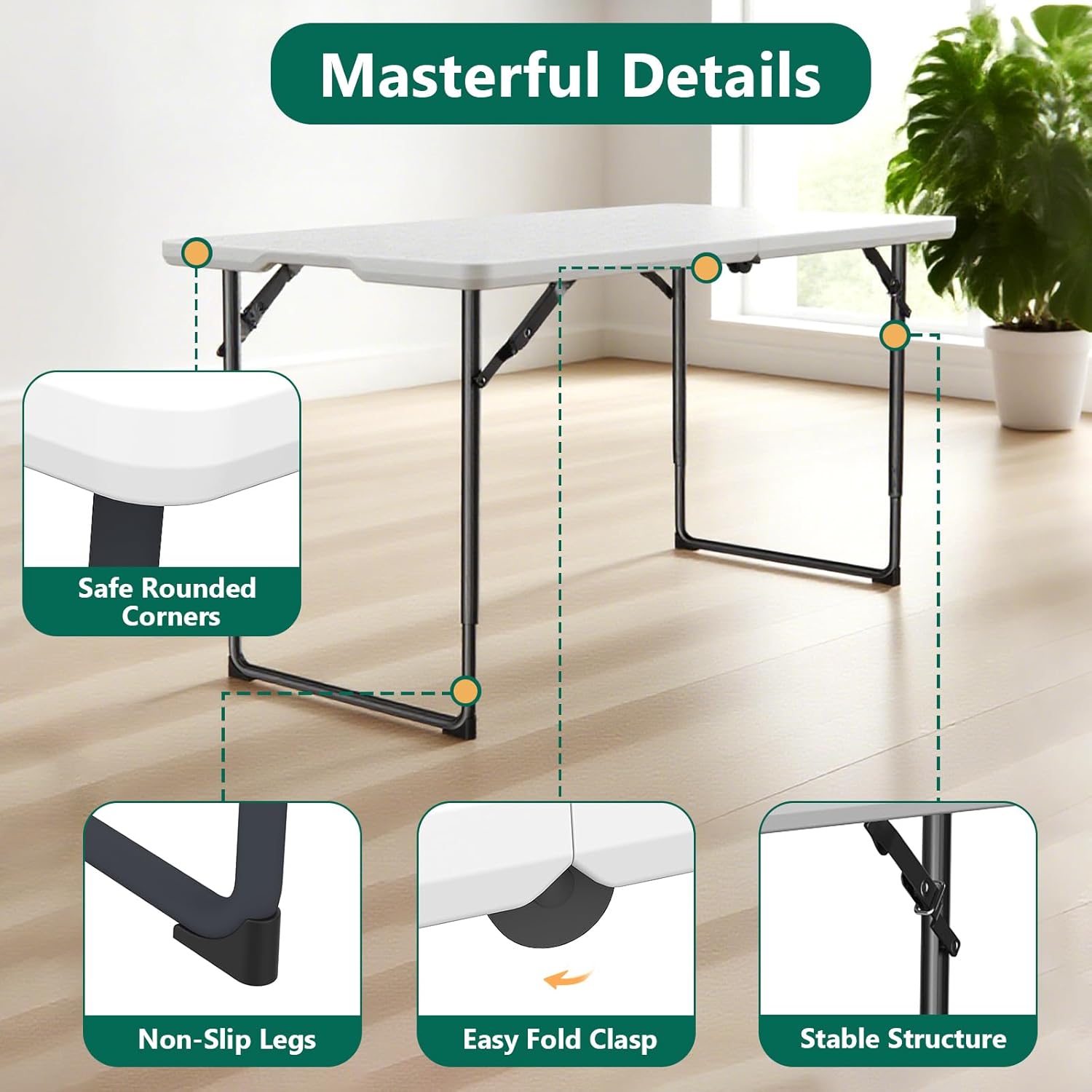 Alternative view of FurniEdge 4ft Folding Table with Adjustable Height, Heavy Duty Fold-in-Half Plastic Table with Steel Legs, Portable for Indoor, Outdoor, Picnic, Camping, Dining, Party, White