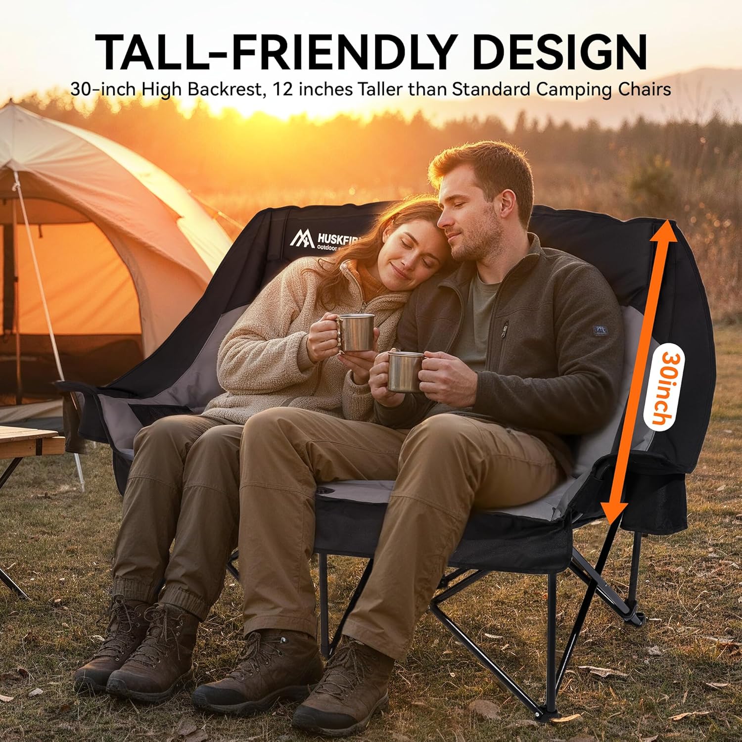 Alternative view of Huskfirm High Back Double Camping Chair 2 Person Camping Chair Low Seat Loveseat Camping Chair Fully Padded Oversized Camping Couch for Adults - Supports 650 LBS with Cup Holders Carry Bag