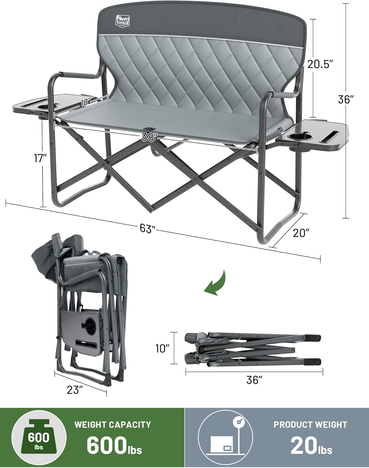 Alternative view of TIMBER RIDGE Double Camping Chair Portable Loveseat, Heavy Duty Folding Camp Couch, 2 person Director Chairs with Cup Holder for Outdoor Lawn Tailgates Picnic Sports Soccer Games Supports 600 lbs Grey