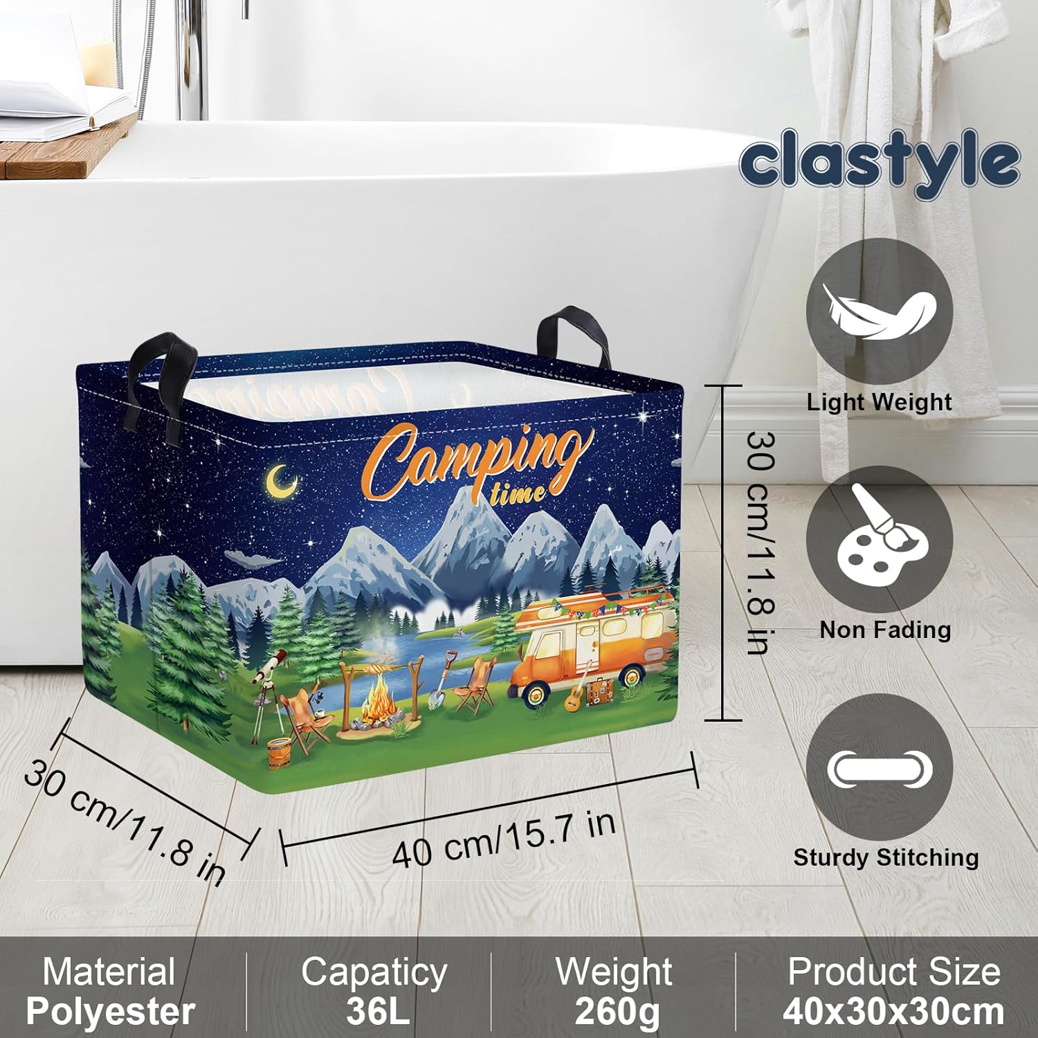 Alternative view of Clastyle Black Night Camping Storage Basket Clothes Toy Tool Food Picnic Basket Outdoor Beach Pool Towel Basket Rectangle Moutain Lake Fir Tree Caravan Bin