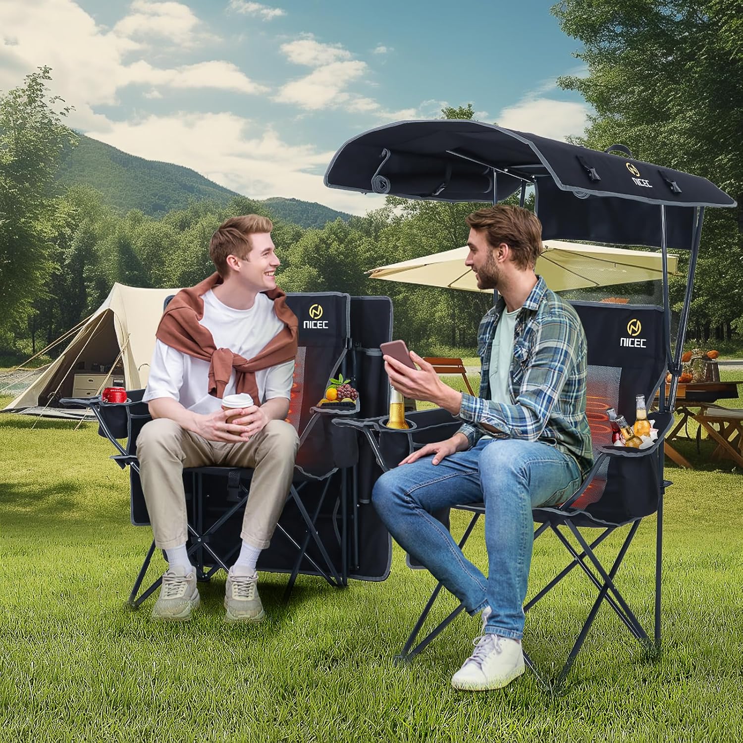 Nice C Chair with Canopy, Heated Camping Chair with Battery, Outdoor Sports Chairs with Shade, Heated Folding Umbrella Lawn Chairs, with Removable Footrest (1-Pack)