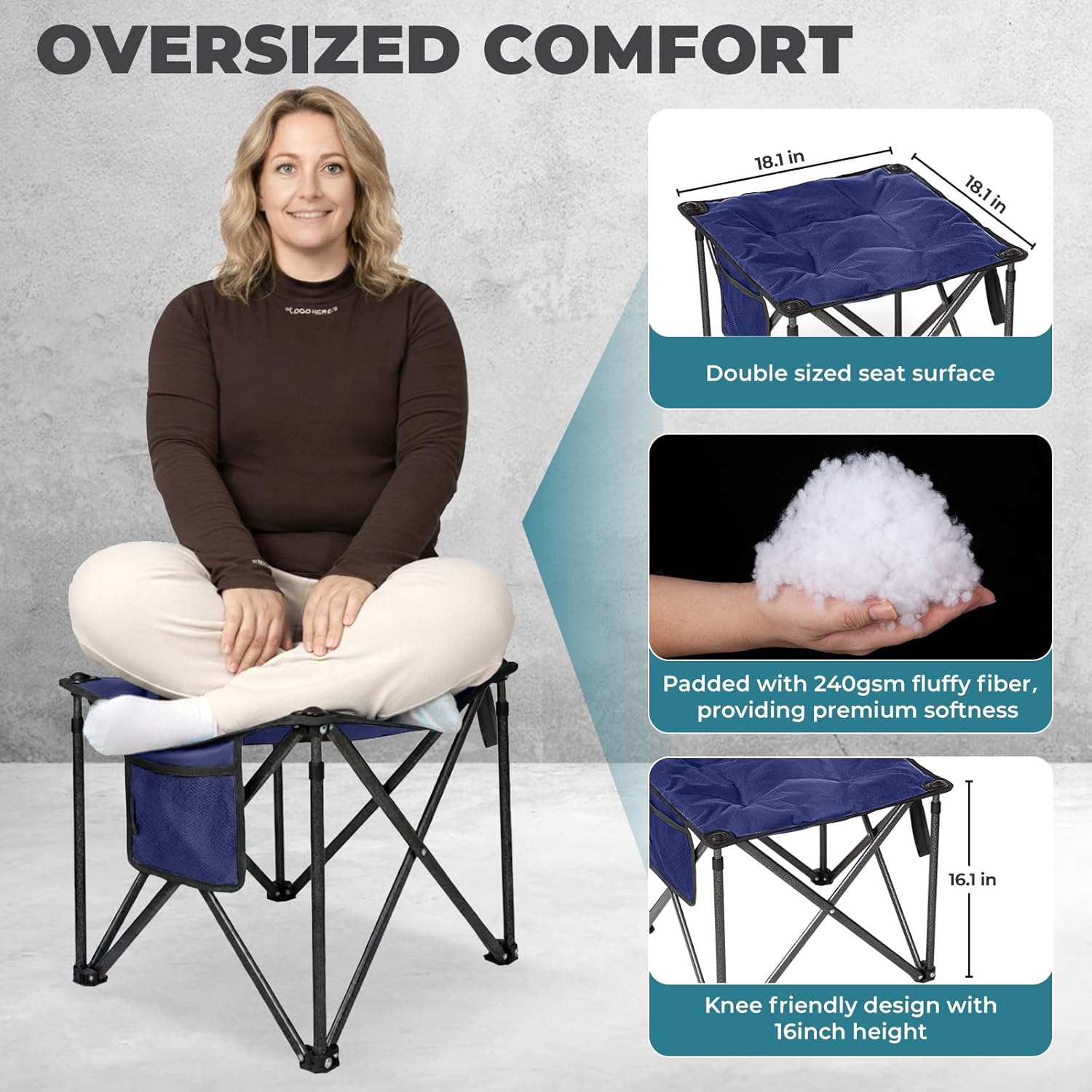 FUNDANGO Oversized Camping Stool for Adults,Thick Padded 18.1 Inch Folding Ottoman Foot Rest, 440 Lbs Heavy Duty Outdoor Camp Chairs with Anti-Slip Foots & Carry Bag for Fishing Travel (Blue)