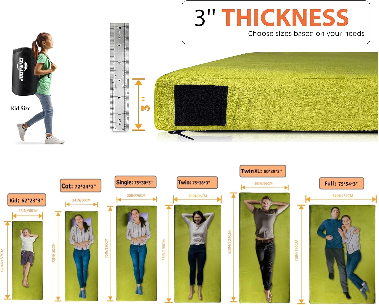 GAIALOOP 3 Inch Memory Foam Camping Mattress, Dual Layer Thick Sleeping Camp Pad for Car Tent Cot, Roll-Up Portable Glamping Floor Bed for Guests Sleepover