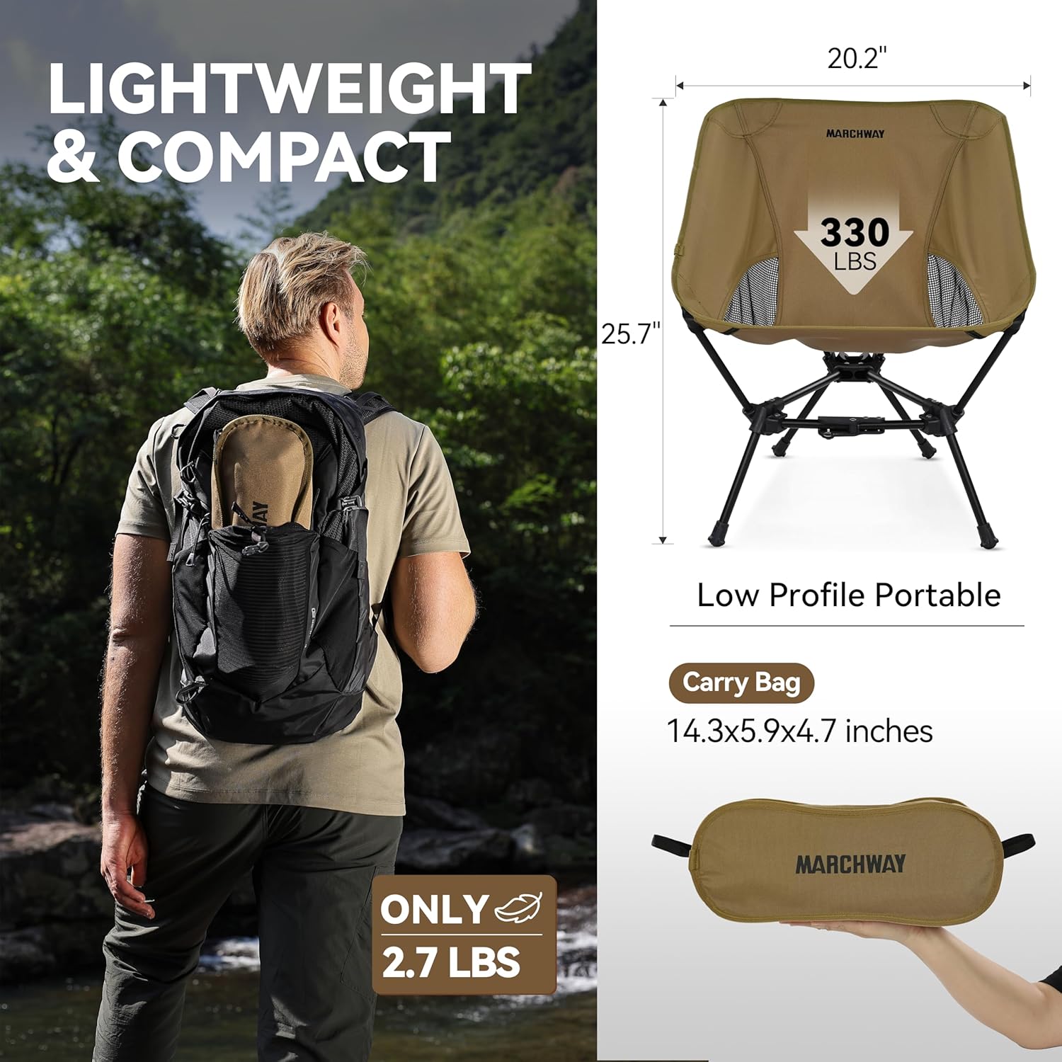 Alternative view of MARCHWAY Lightweight Folding Camping Chair with Spring Lock, Stable Compact Portable for Outdoor Camp, Travel, Beach, Picnic, Festival, Hiking, Backpacking (Lowback Khaki)