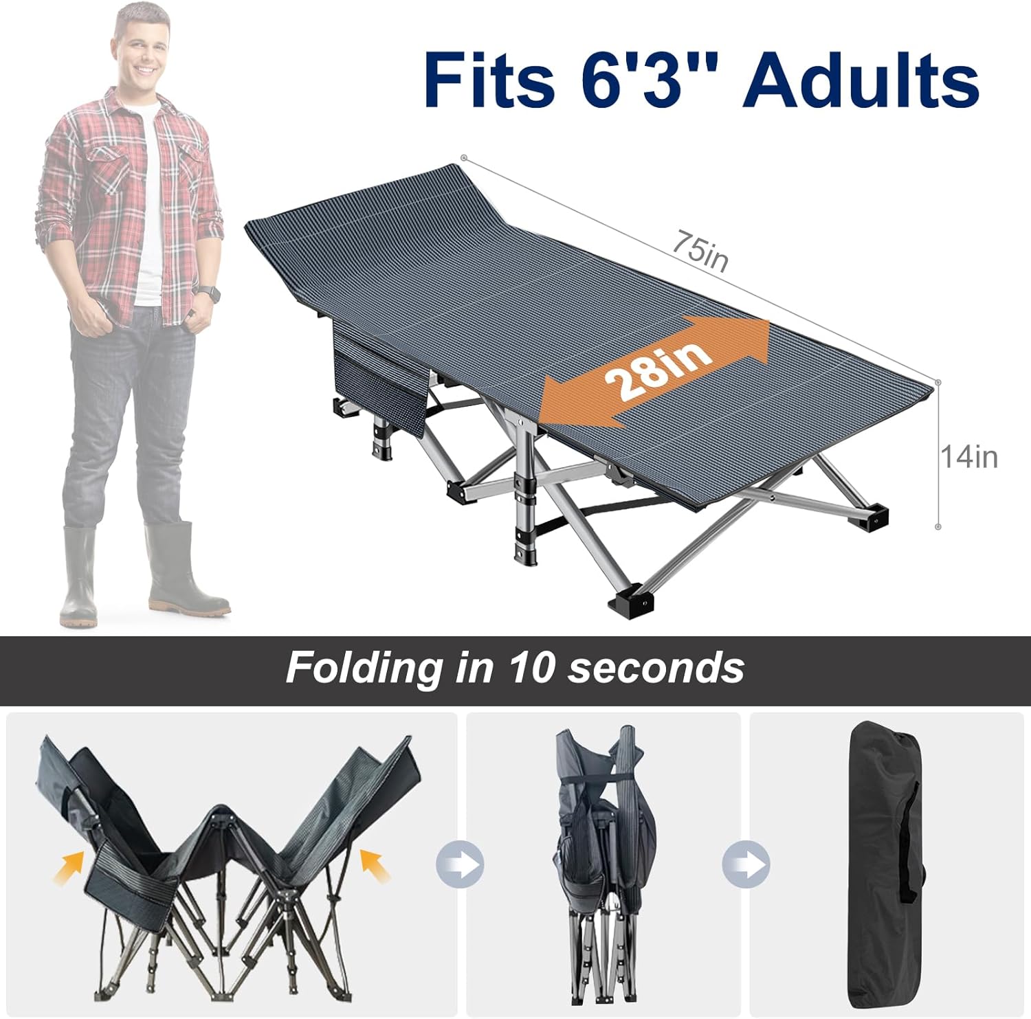 Alternative view of ABORON Camping Cot for Adult 28" Extra Wide, Heavy-Duty 1200D Oxford Cot for Sleeping, Portable Folding Camp Bed with Mat & Carry Bag