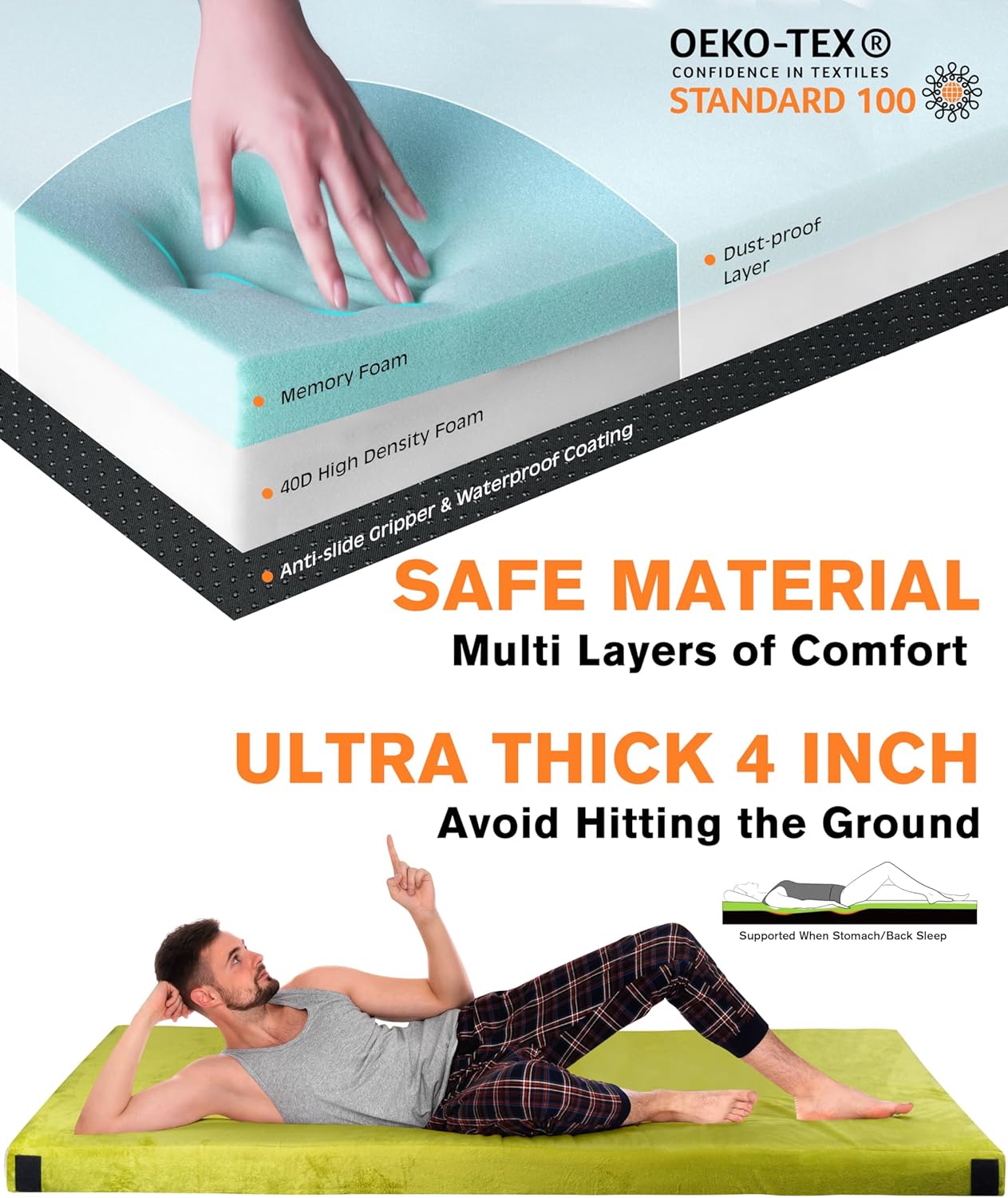 Extra Thick GAIALOOP 4 INCH Memory Foam Camping Mattress, Roll Up Floor Sleeping Mat Camp Cot Mattress Pad Travel Camping Couch Bed for Guest Adults Side Sleepers