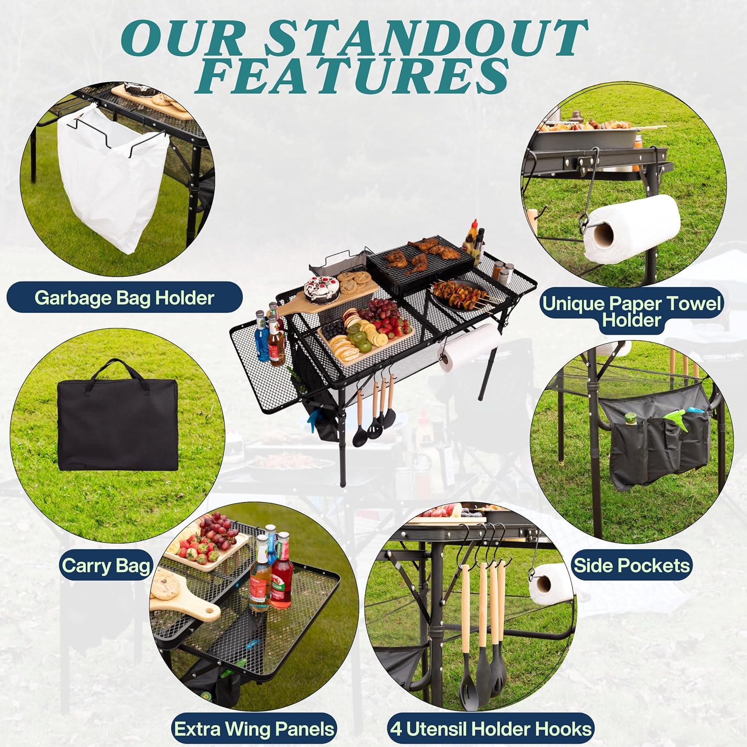 Alternative view of Folding Table w/ Carry Bag, Paper Towel Holder, Garbage Holder, Wing Panels, 3x2 FT Foldable Table for Portable Grill, Picnic, Outdoor, Beach, Small Folding Table Adjustable Height,Camping Table, BBQ