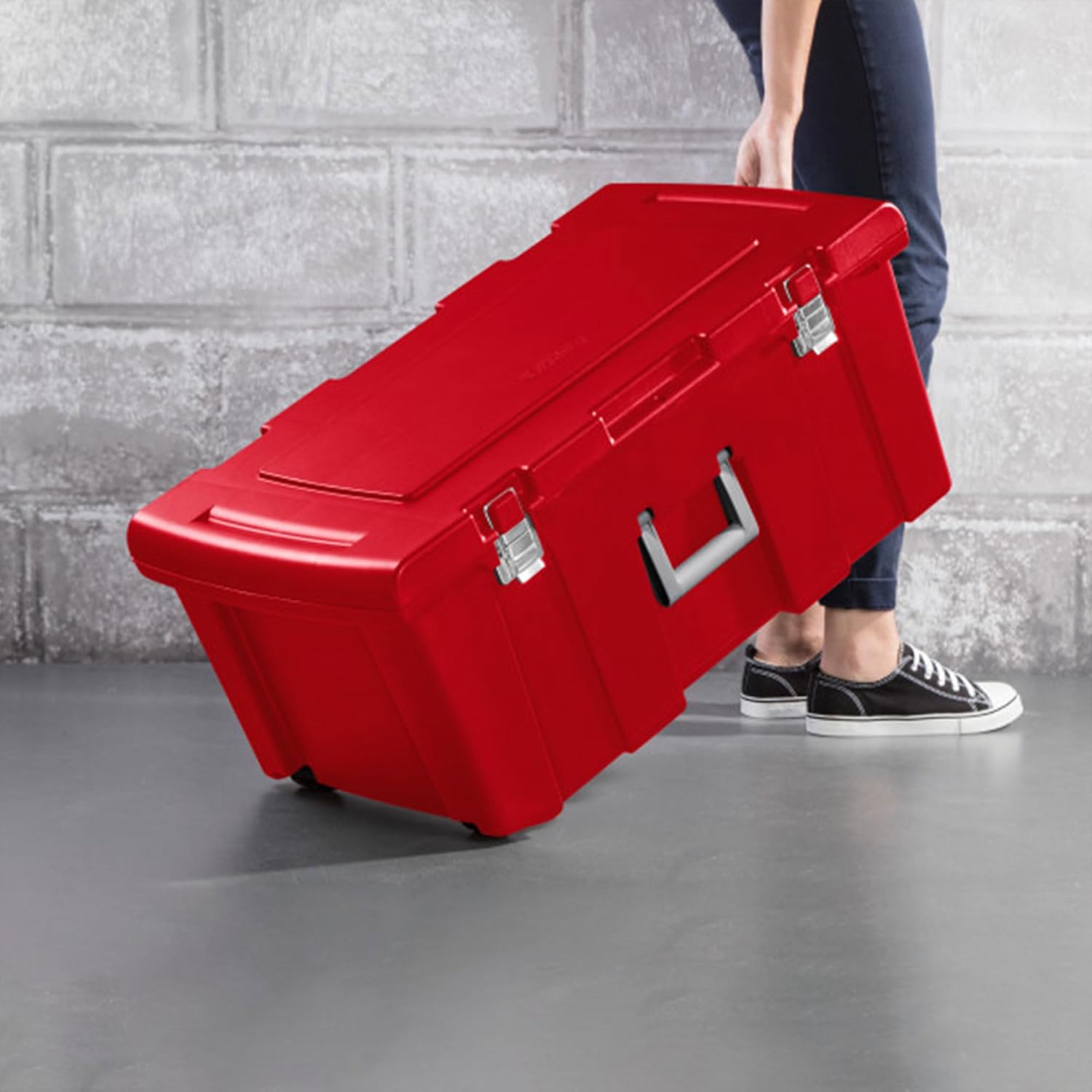 Sterilite Wheeled Footlocker, Lockable Plastic Utility Storage Bin with Lid, Red - Heavy-Duty Organizing Containers for Home, Office, Garage, and Basement