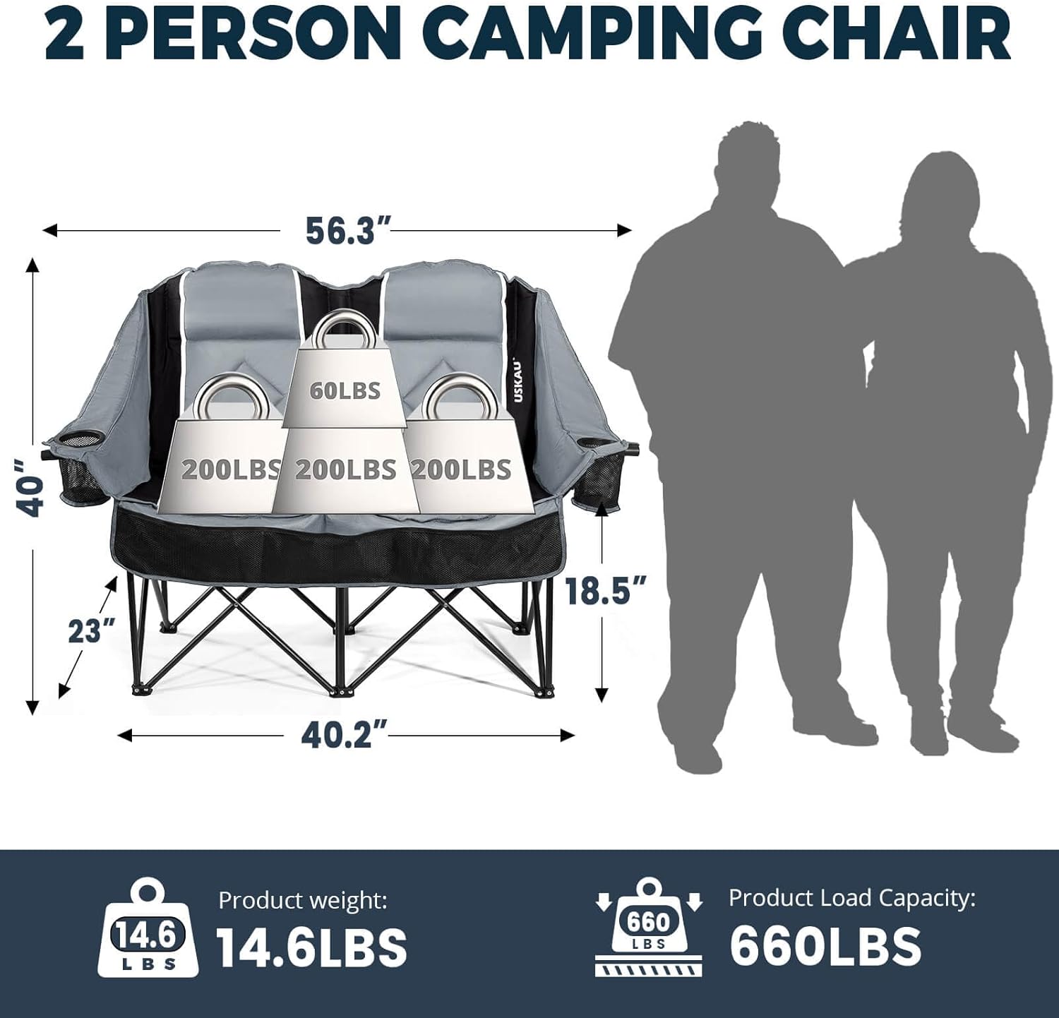 Oversized USLCamping Chair - 2 Person Portable Folding Outdoor Loveseat Heavy Duty Lawn Chairs for Adults with Padded Cushion & Dual Cup Holders, Supports 660LBS for Camping，Sports，Picnic (Grey)