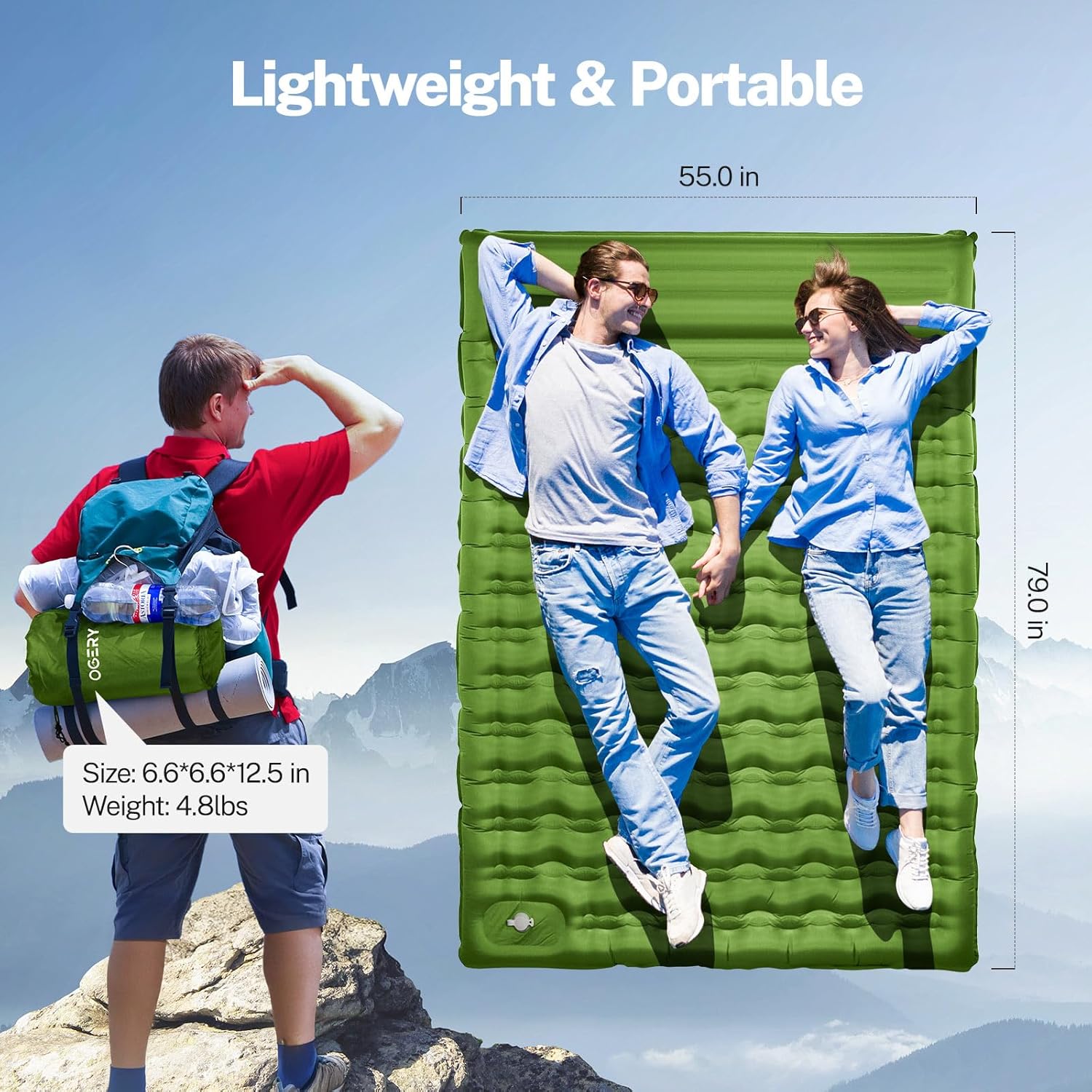 OGERY Sleeping Pad for Camping, 6" Extra-Thick Reinforced Camping Sleeping Pad with Pillows & Built-in Foot Pump, Ultralight Self Inflating Air Mattress Mat for Tent Hiking Essentials Gear