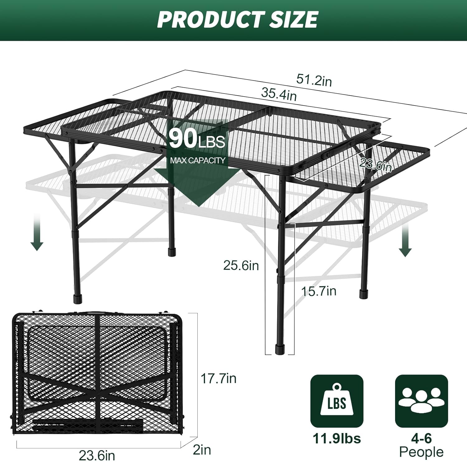 Alternative view of WildFinder Folding Table with 2 Wing Panels, 3x2 FT Camping Table with Mesh Desktop,Height Adjustable Folding Grill Table with Mesh Bag,Portable Outdoor Table for Picnic,Camping,BBQ,Beach(Black)