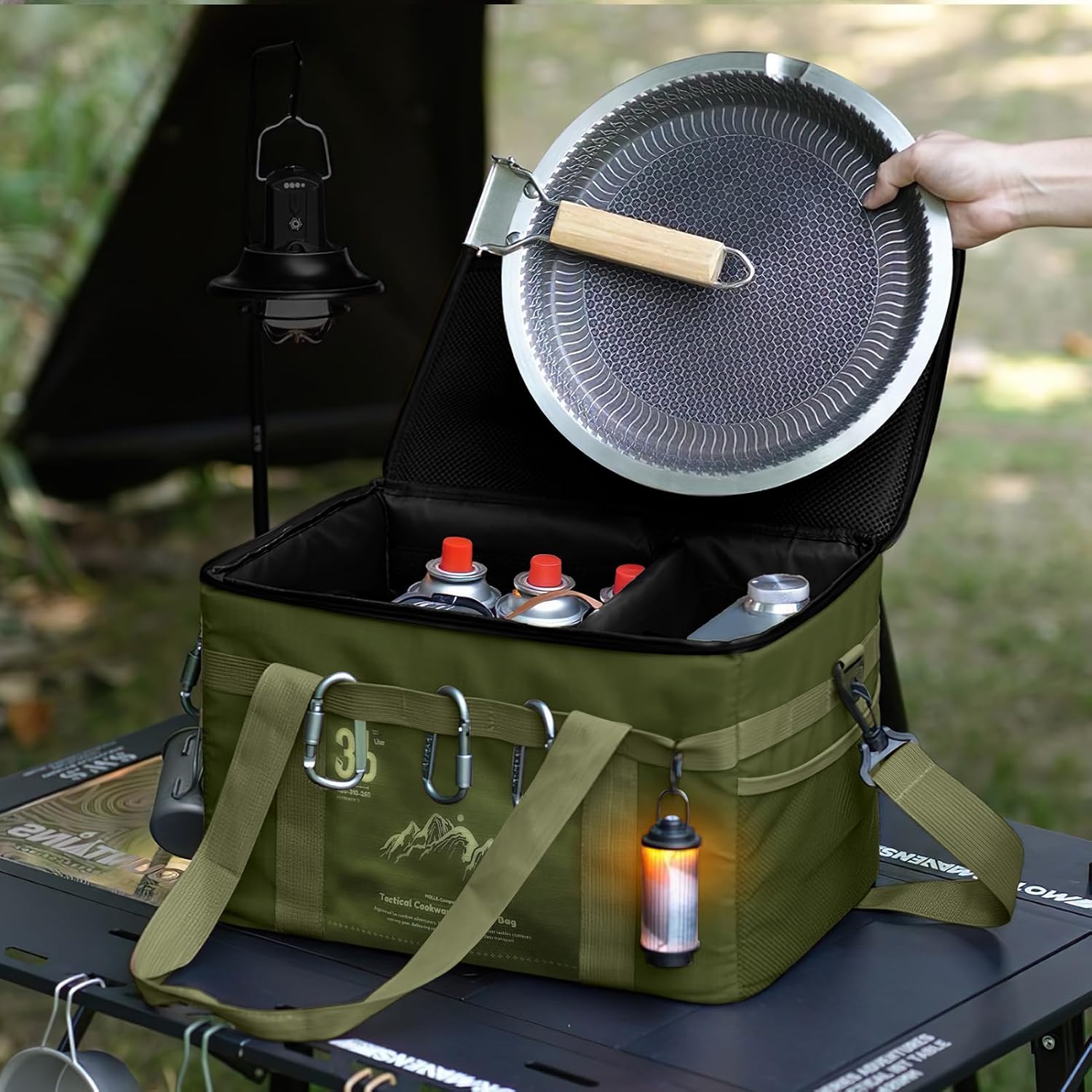 36L Tactical Camping Storage Bag, Green Tactical Tool Bag with Chopping Board and Shoulder Strap, Ideal for Camping, Hiking, and Vehicle Organization