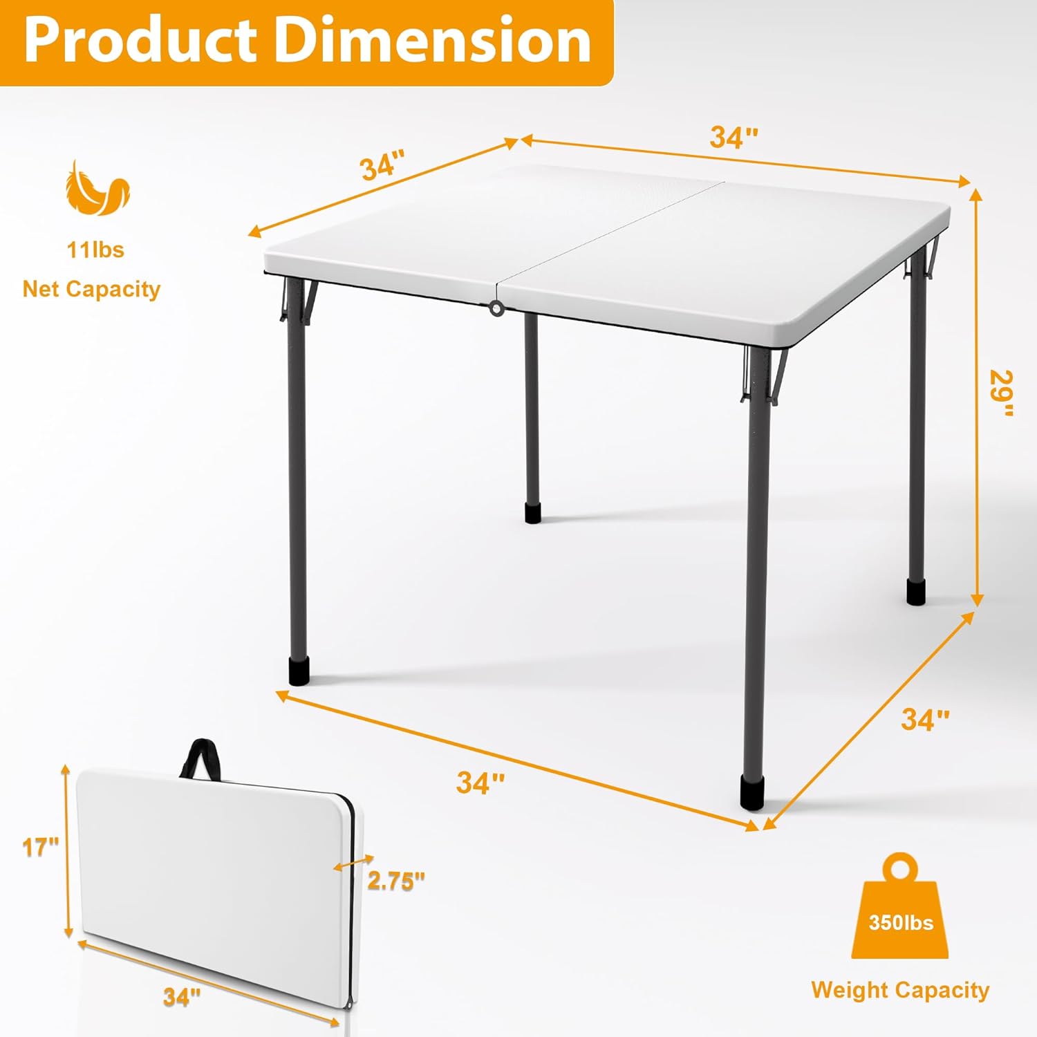 Alternative view of Kasunpul 34" Folding Table, Portable Square Folding Card Table with Collapsible Legs & Carrying Handle, Plastic Tables for Camping,Picnic, Office, Party, White