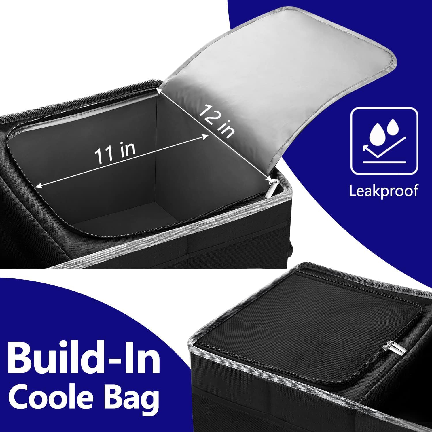 Trunk Organizer With Built-In Insulated Leak Proof Cooler Bag,Collapsible Cargo Organizer For Suv With Non Slip Bottom Strips,3 Large Compartments Foldable Waterproof Portable Car Storage Box
